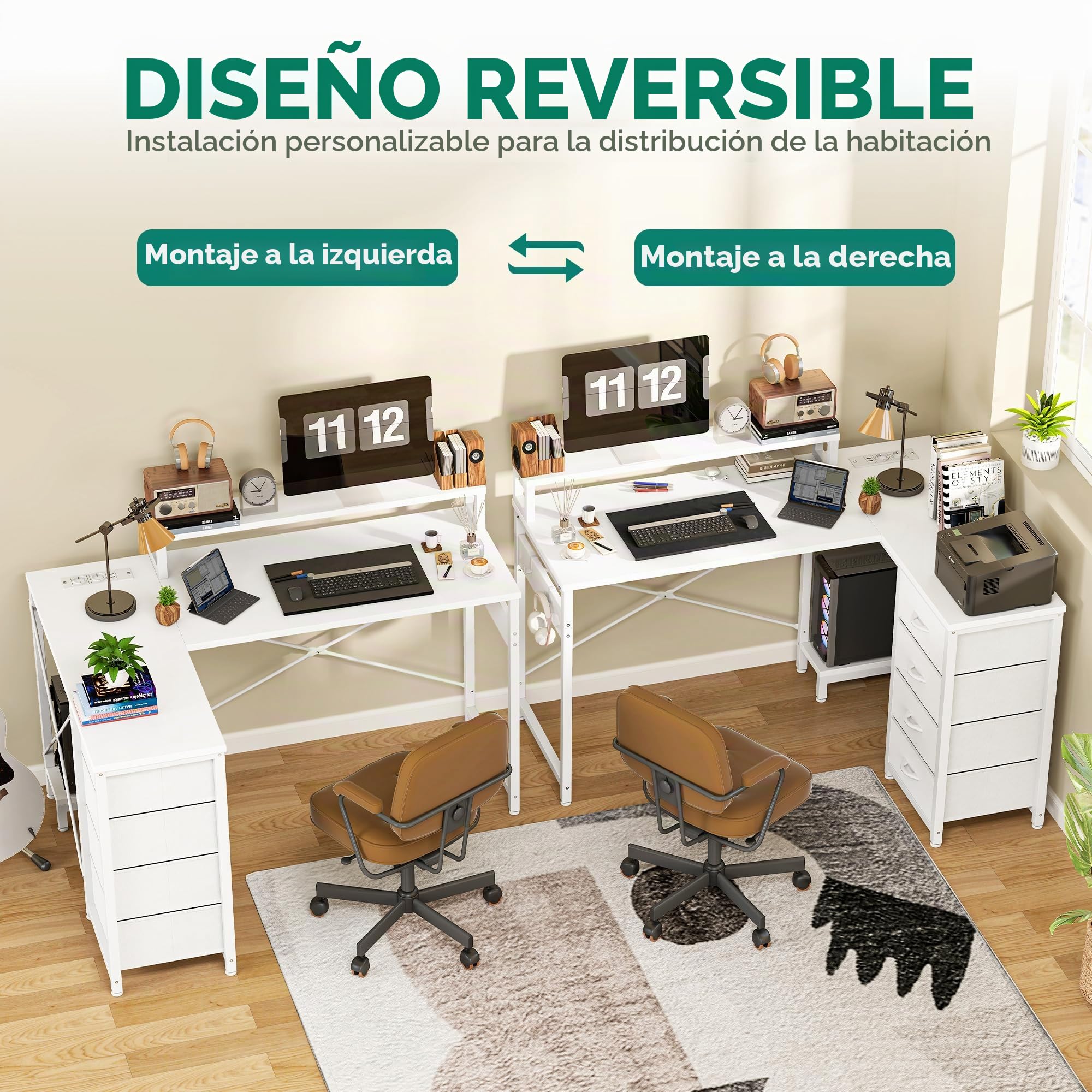 YITAHOME Mesa Escritorio con Estante de Almacenamiento de Bricolaje de 4 Niveles, Escritorio Ordenador con 2 Puertos USB y Enchufes para Oficina, Estudio, Sala de Estar, 130x100x75cm, Blanco