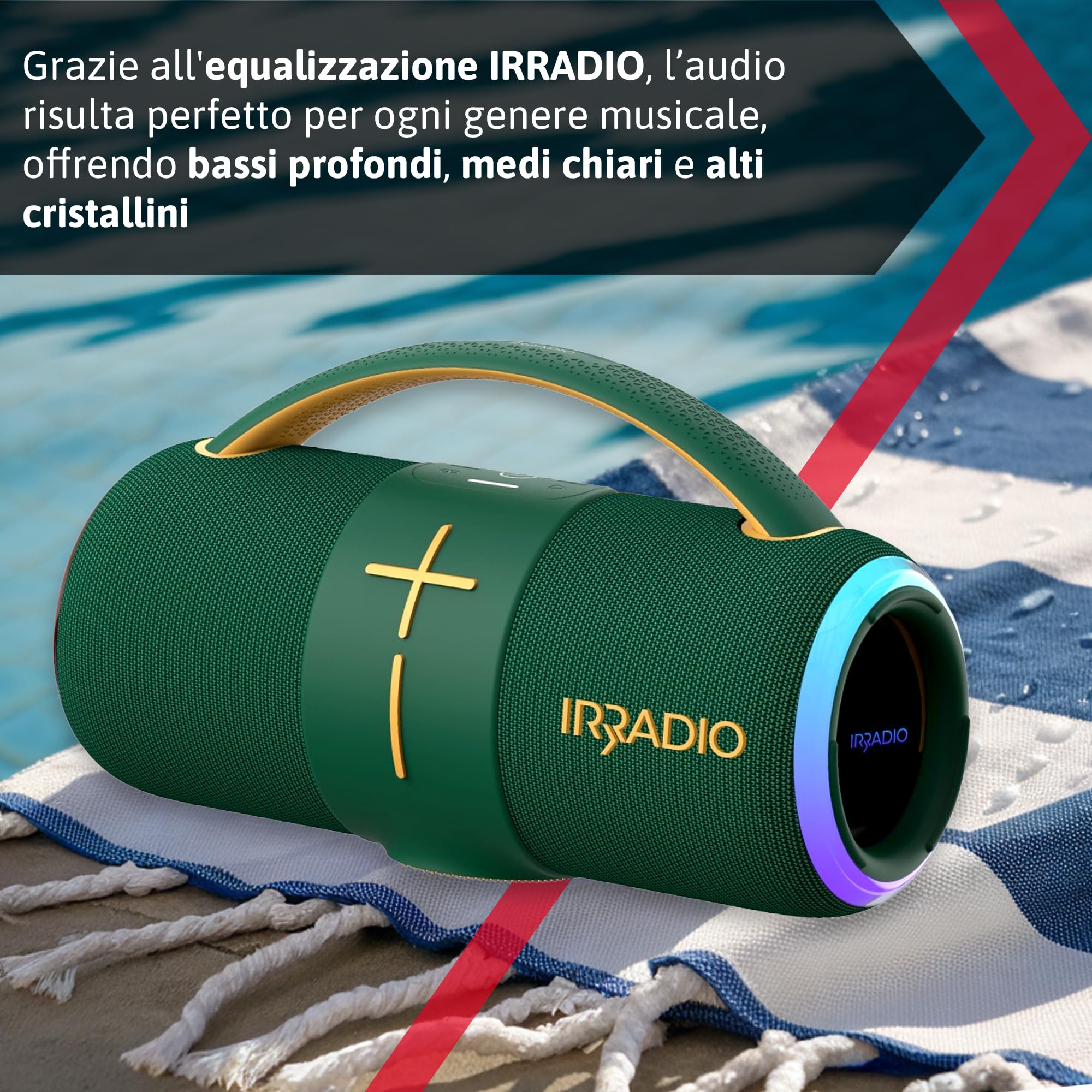 IRRADIO IR-H68, Cassa Bluetooth, Diffusore Wireless Colorato e Potente, Suono Hi-Fi, luci LED RGB, Impermeabile IPX6, 50W di Potenza, Funzione True Wireless Stereo, Ideale per l’Ascolto Indoor e Outdo