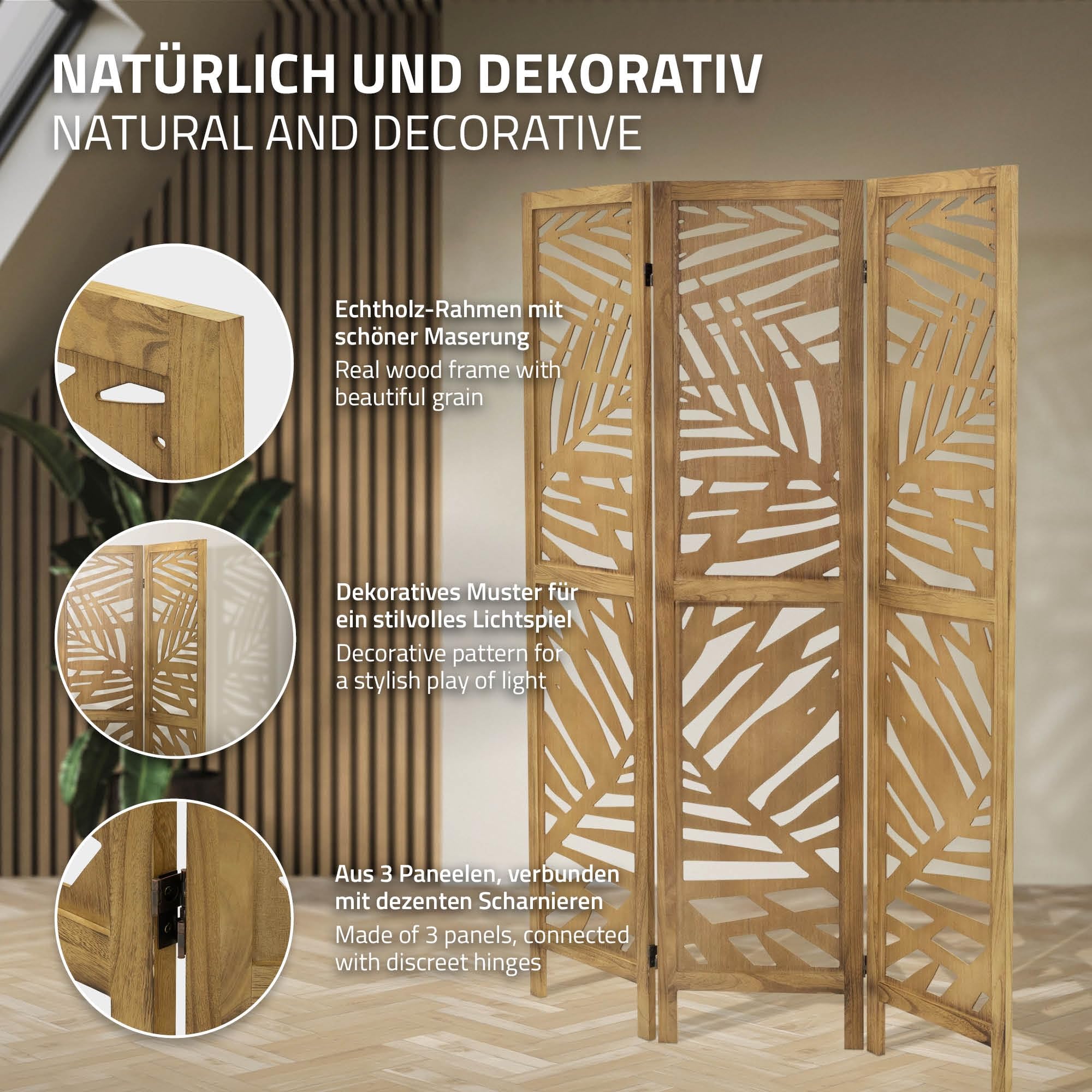 ML-Design Parawan 3-czesciowy Kioto naturalny 170x121 cm Drewniany Skladany Parawan Pokojowy Wolnostojacy Scianka Dzialowa Ekran Prywatnosci Do Przebieralni I Sypialni Panel Oslona Przestrzeni