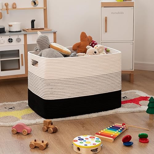 Miniatura 9 de OIAHOMY Cesta grande de cuerda de algodón de 108 litros, cestas tejidas rectangulares para almacenamiento, almacenamiento de mantas de guardería,