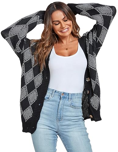 ZAFUL Women's Cardigan Sweaters Argyle Plaid Long Sleeve Button Down