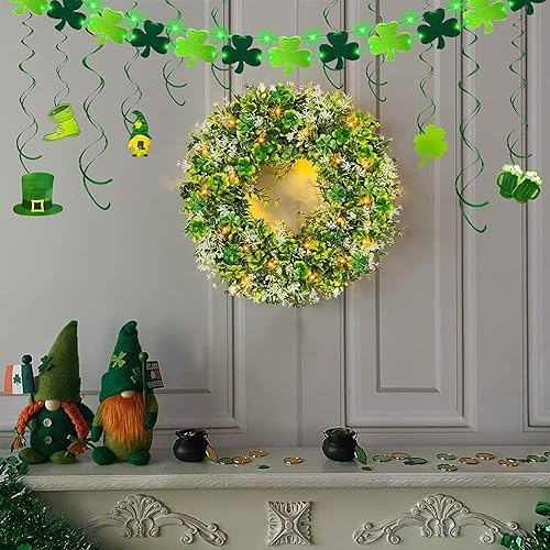 Miniatura 4 de TURNMEON Decoración del día de San Patricio corona de tréboles para puerta delantera 20 luces cálidas trébol funciona con pilas corona artificial de