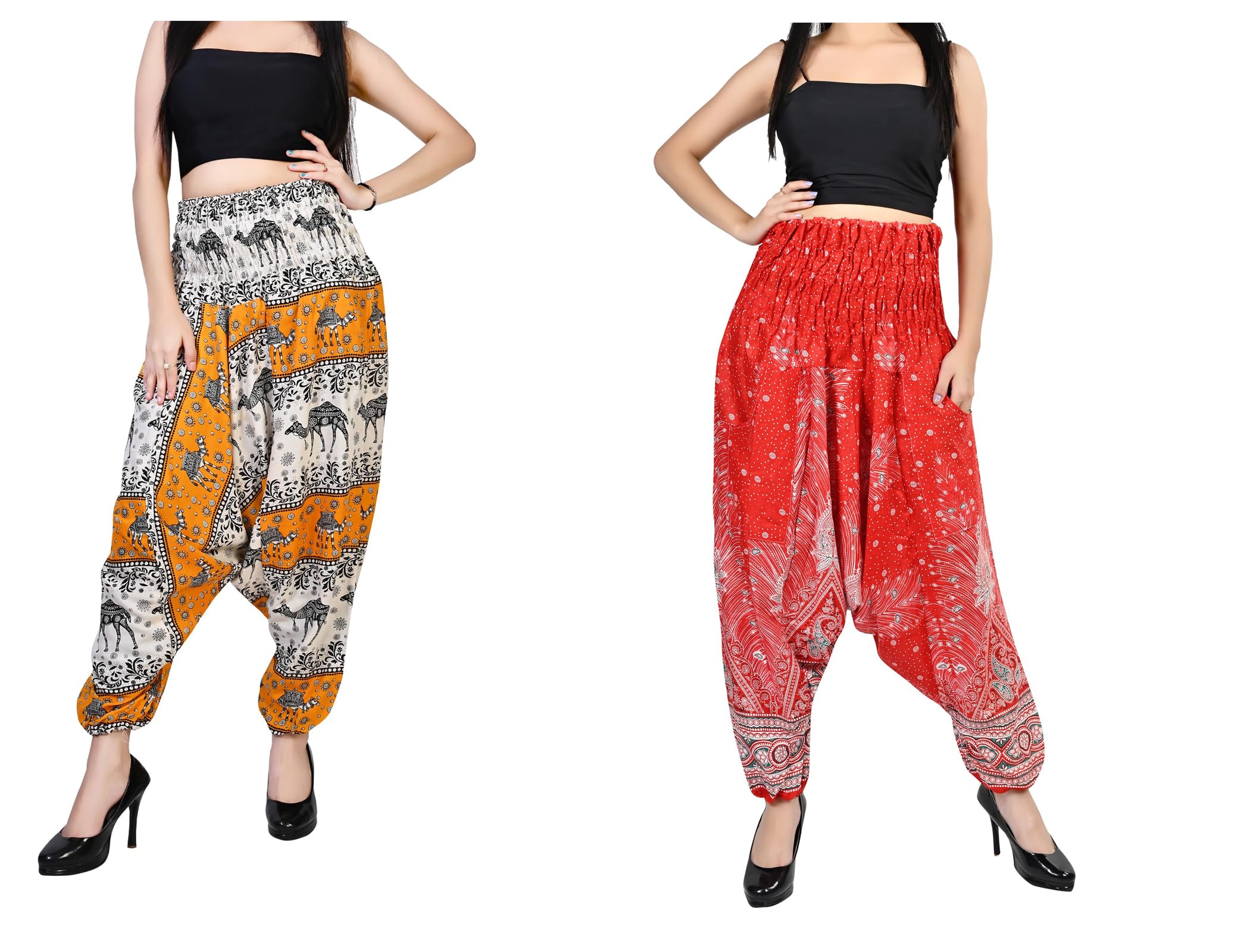 FusFusWomen's Printed Cotton Rayon Harem Pant, Pack of Two (Multicolor, FS367