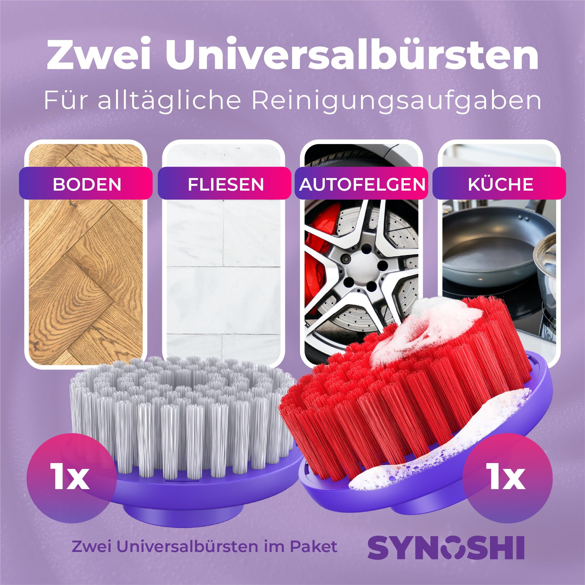Synoshi Pro Rundbürstenköpfe für Reinigungsbürste, 2er Set | 1 rote & 1 graue Bürste, spülmaschinenfest, für Fliesen, Böden & Gartenmöbel
