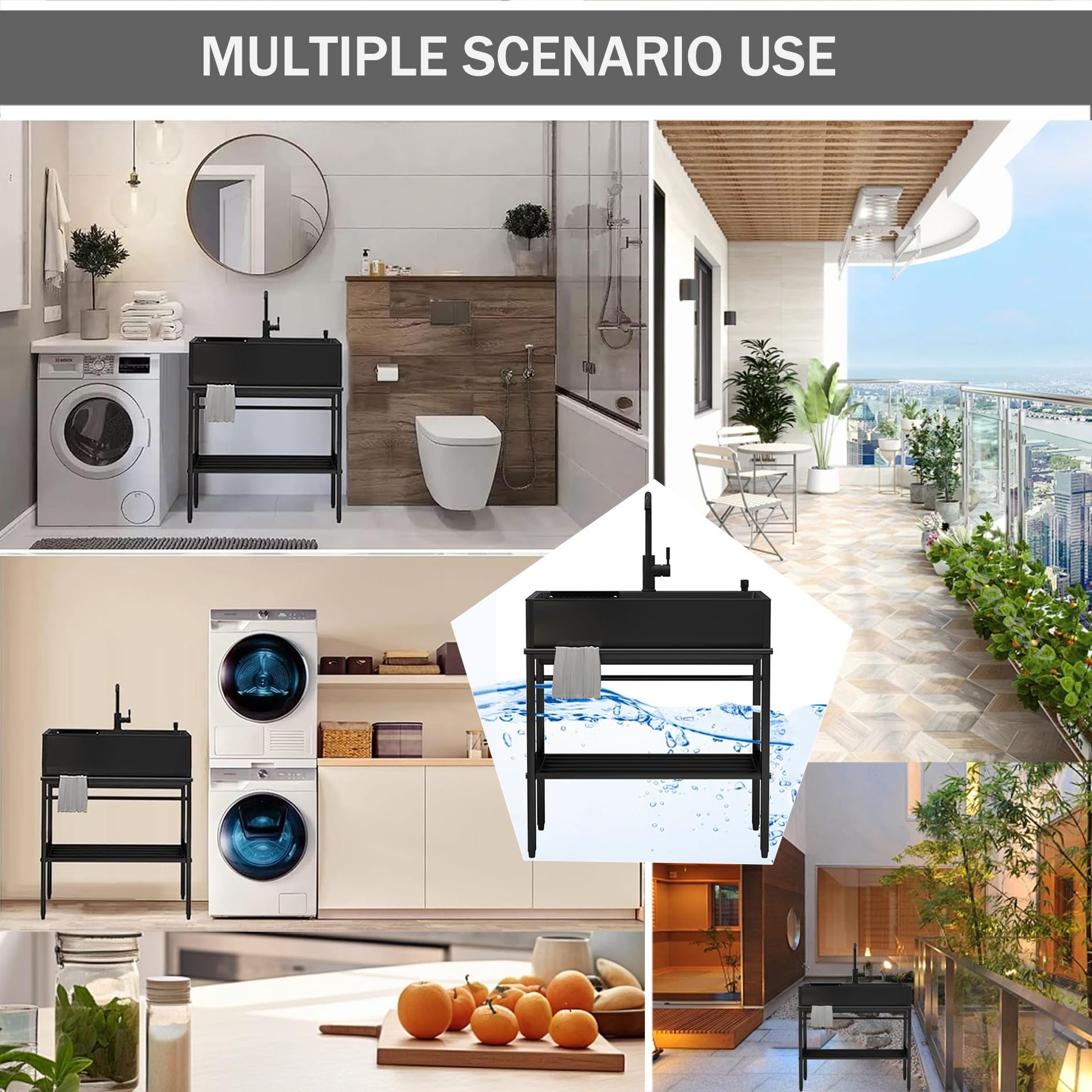 Fregadero Exterior Jardin,Fregadero de Acero Inoxidable,Fregadero de Cocina Negro, 1 Compartimento,Mueble Fregadero de baño con Grifo,para Restaurante Garaje Industrial Lavandería(60x45x86cm)
