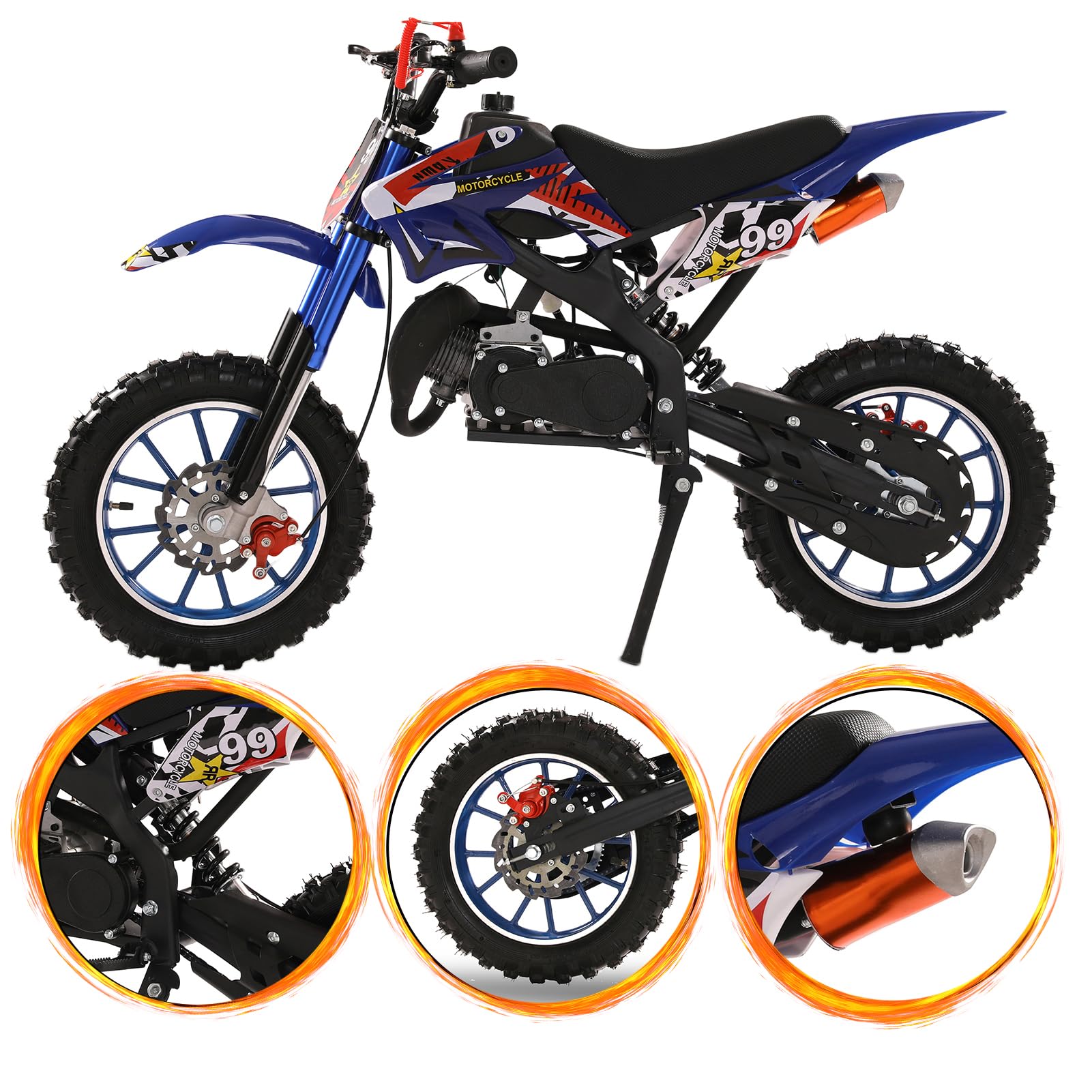 50cc Dirt Bike, 2-Stroke Kid Dirt Bike, Dirt Bikes for Kids 8-14, Off Road Gas Power Dirt Bikes for Adults with Front Rear Disc Brakes, Mini Gas Bike with Speeds up to 25 MPH (Blue)