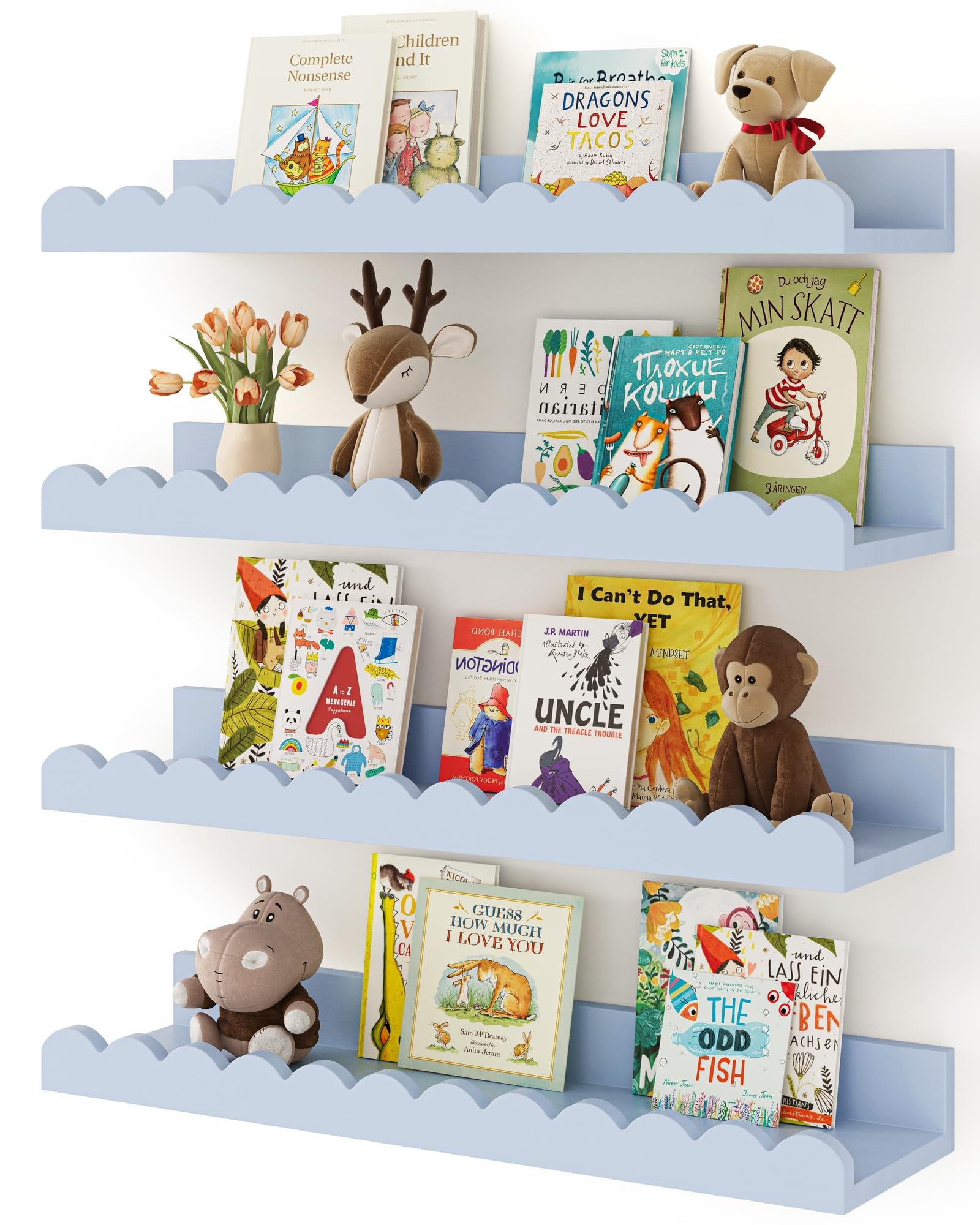 Shario Nursery Book Shelves, 4-Pack White Floating Shelves for Wall Kids, Scalloped Shelves, Wall Book Shelves for Bedroom Kids, Toddler Room, Baby Room, Nursery Decor (Blue, 16.5 Inches)