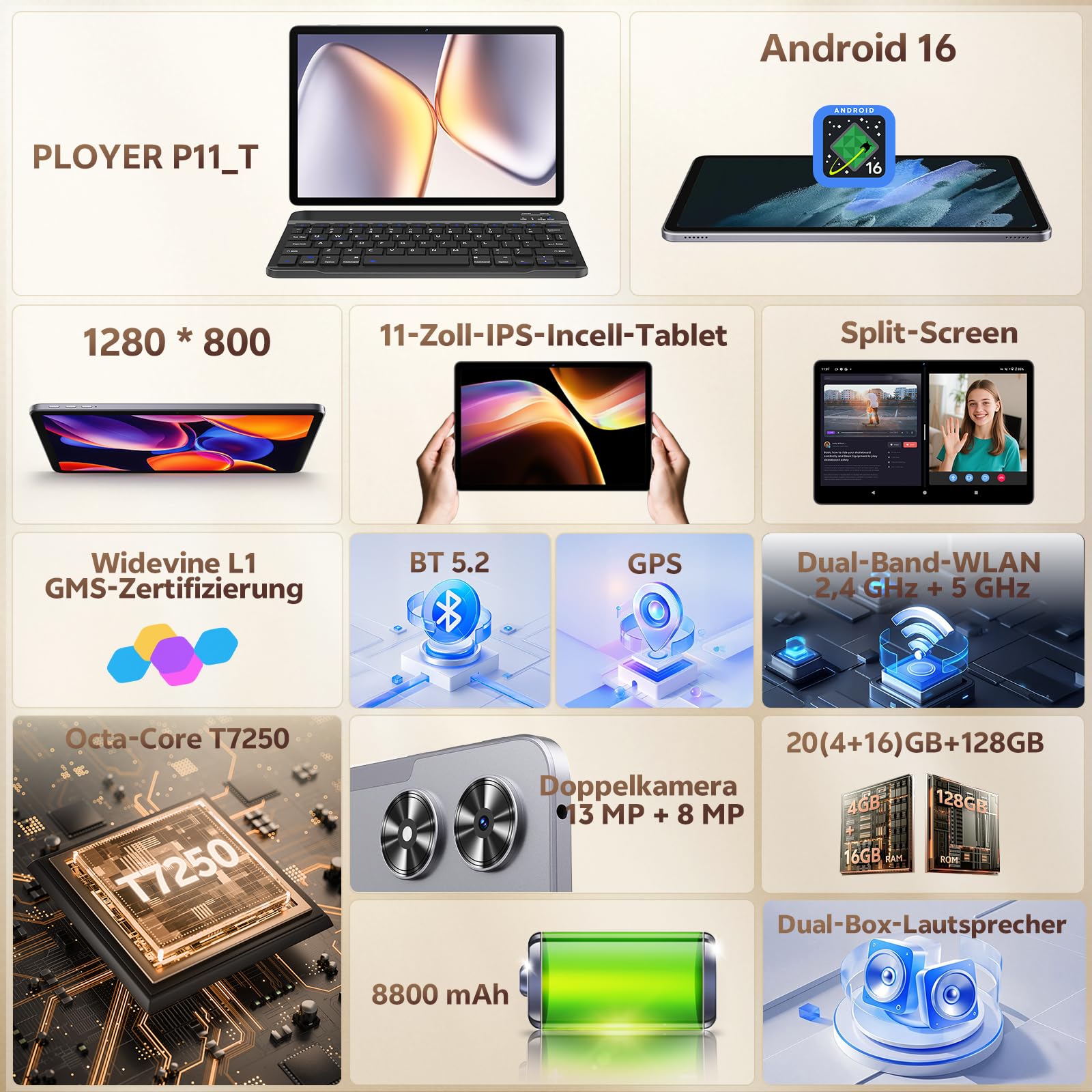 11 Zoll Tablet, Android 16 Tablet With 20GB RAM+128GB ROM (1TB Expandable), Octa-Core, 90 Hz IPS Incell Display, 8800mAh, 13MP+8MP Kamera, 5G Wifi, BT5.0, Gemini AI-Tablet mit Tastatur und Maus, Grau