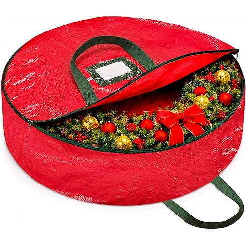 ZOBER Christmas Wreath Storage Container 36 Inch - Wreath Bag for Artificial Wreaths Box - Dual Zippered Wreaths Storage Bag with Strong Durable Handles - Red