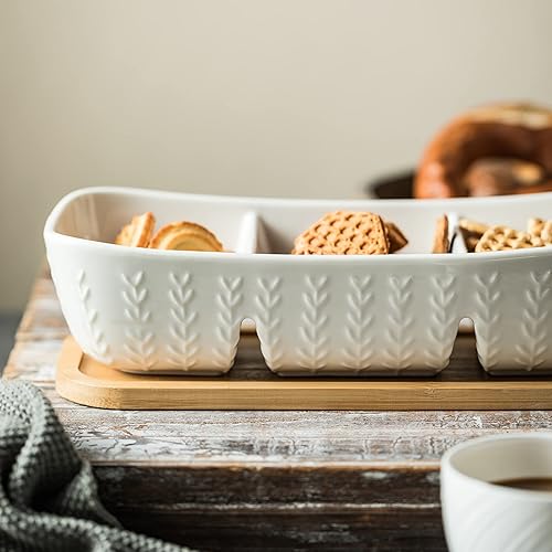 Miniatura 4 de Juego de servir chips y salsa con bandeja de madera de acacia, tortugas de salsa de mayólica, bandeja de condimentos para aperitivos, aperitivos,