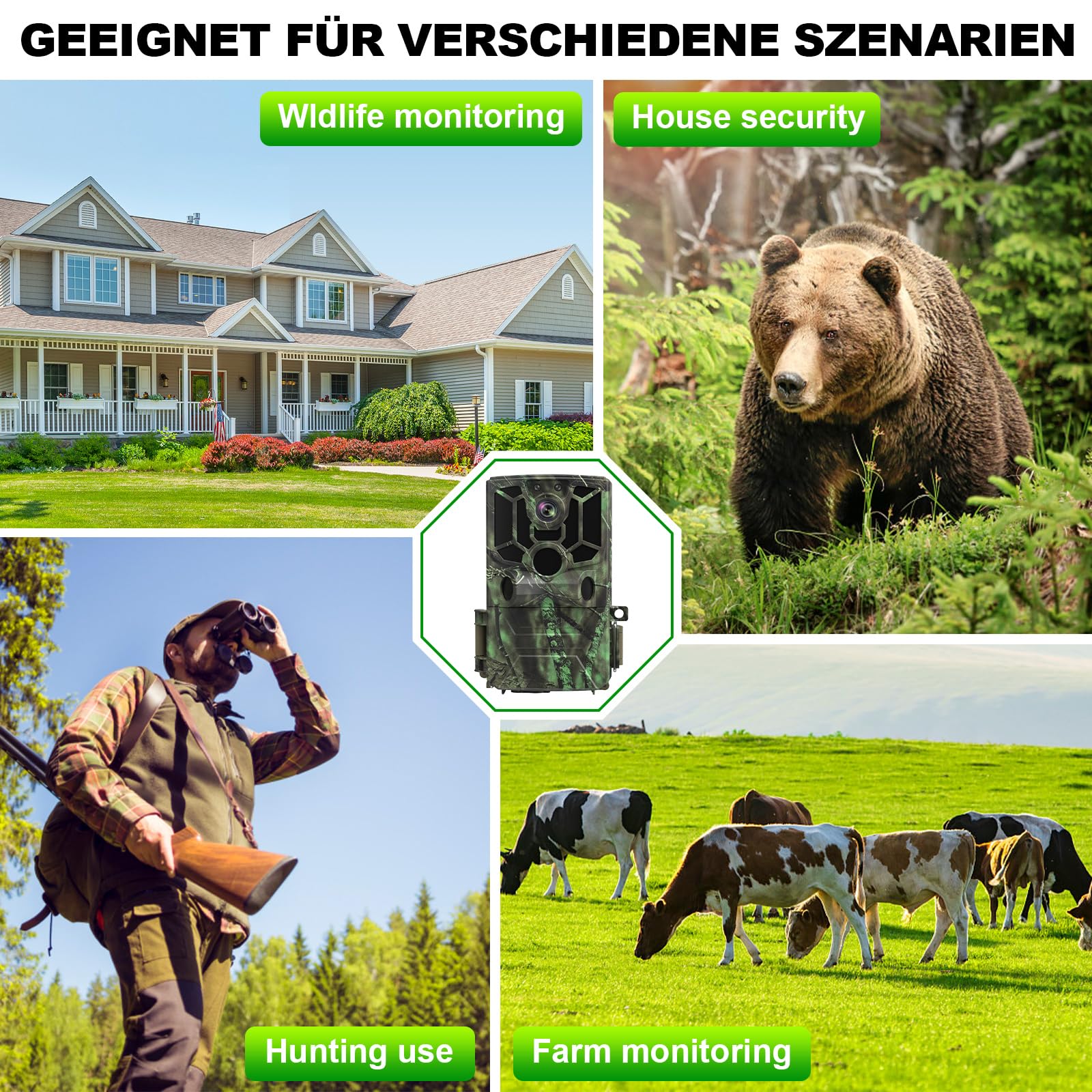 Wildkamera mit Handyübertragung App, 5K Video 60MP Full HD WLAN Bluetooth Wildtierkamera Nachtsicht Bewegungsmelder 0,1s Auslösezeit IP66 Wasserdicht 32GB Speicherkarte AA-Batterien