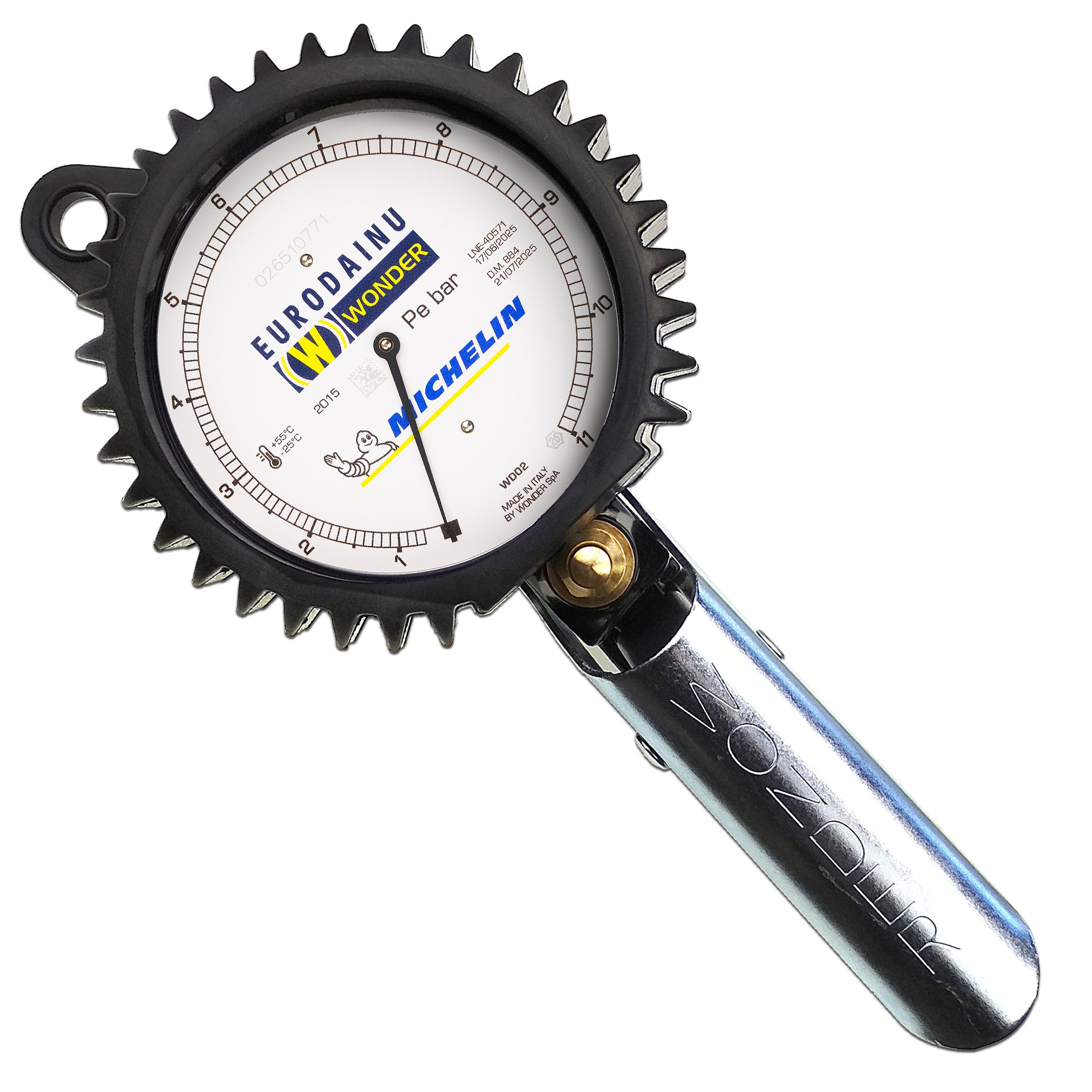 Wonder, Reifenfüller gaugeung EURODAINU 1991/CEE von Michelin, Dual Skala Bar (0,7–12) – PSI (10–174) Ø80 mm Manometer, 150 cm Schlauch, für Standard-Norm-Ventile