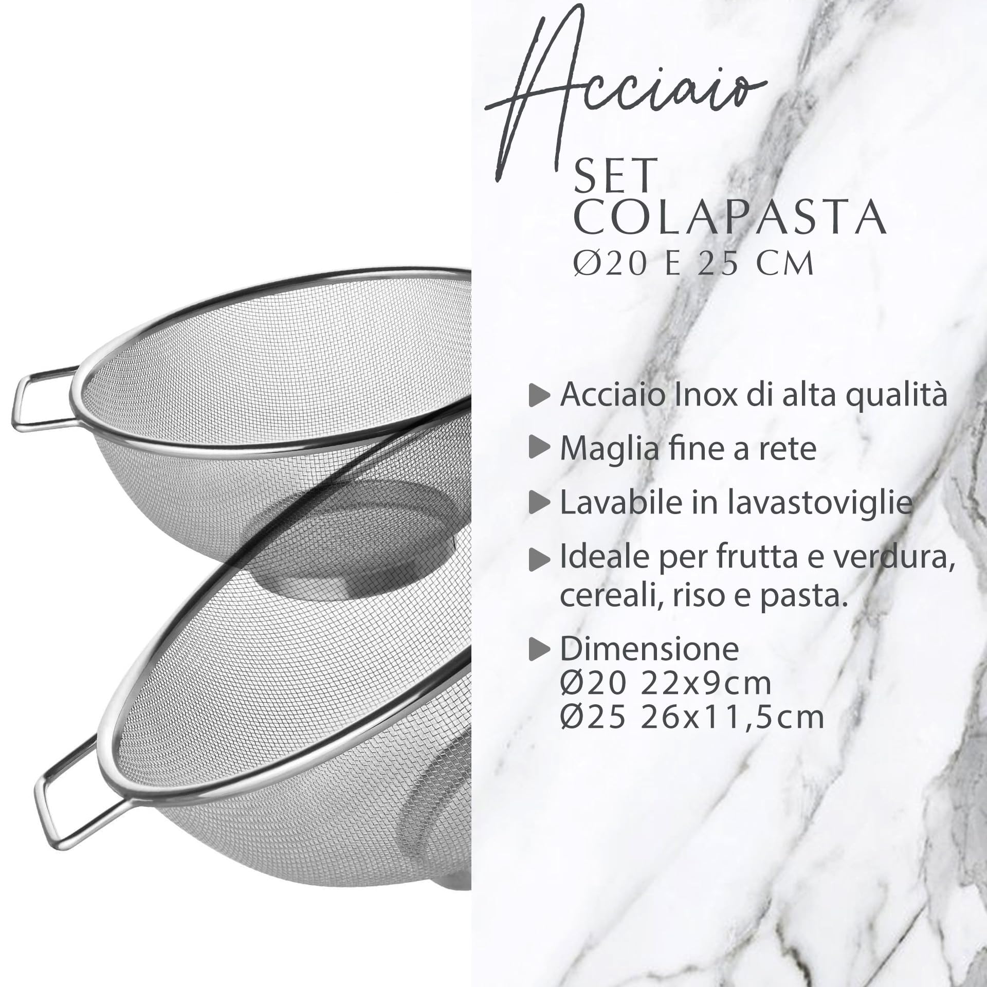 Fackelmann Set Scolapasta 20 e 26 cm, Colapasta In Acciaio Inossidabile - Rete Fine Per Drenaggio Rapido - Per Quinoa, Cereali, Riso, Frutta, Verdura E Pasta - Lavabili in lavastoviglie