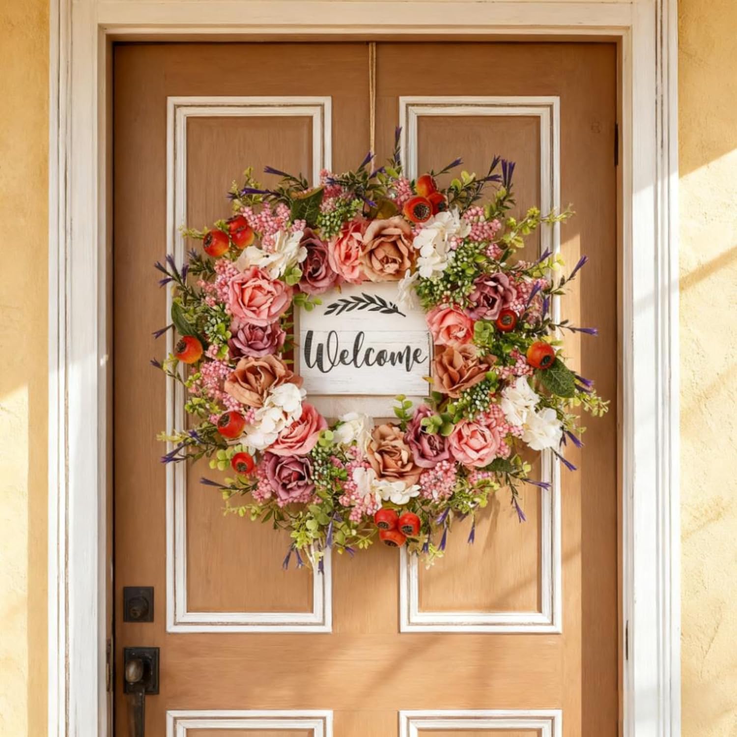 Spring Wreath for Front Door 18 Inch - Welcome Full Floral Wreath for Spring Summer Decor, Durable Outdoor Door Wreath for Porch Wedding Easter Home Decor