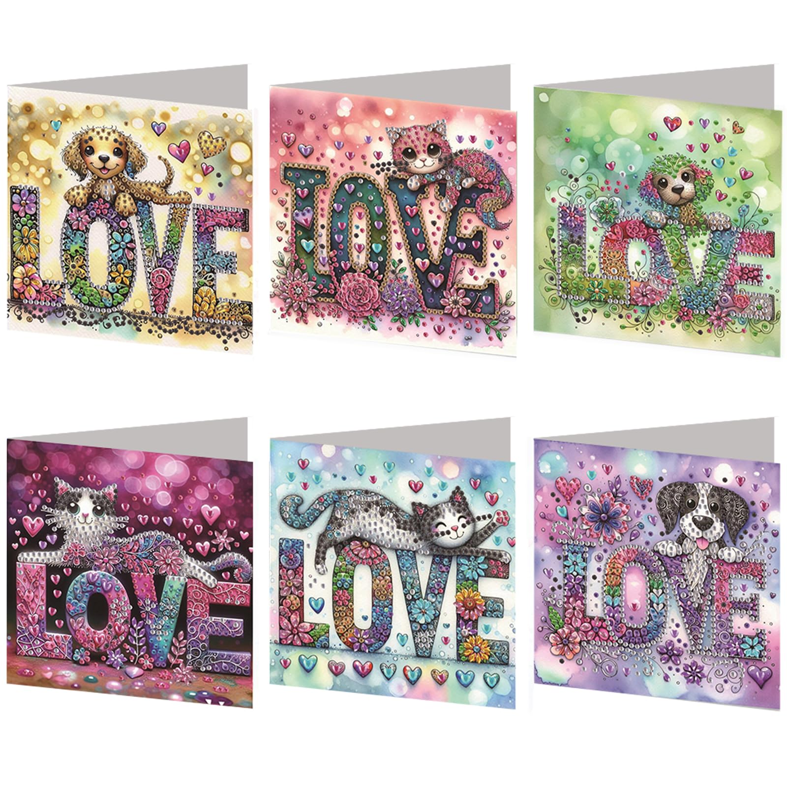 6 PCS DIY Diamond Painting Greeting Card Set with Envelope, Rhinestone Diamond Art Mosaic Postcards Diamond Art Greeting Cards for Xmas Birthdays Thanksgiving Valentine-Love