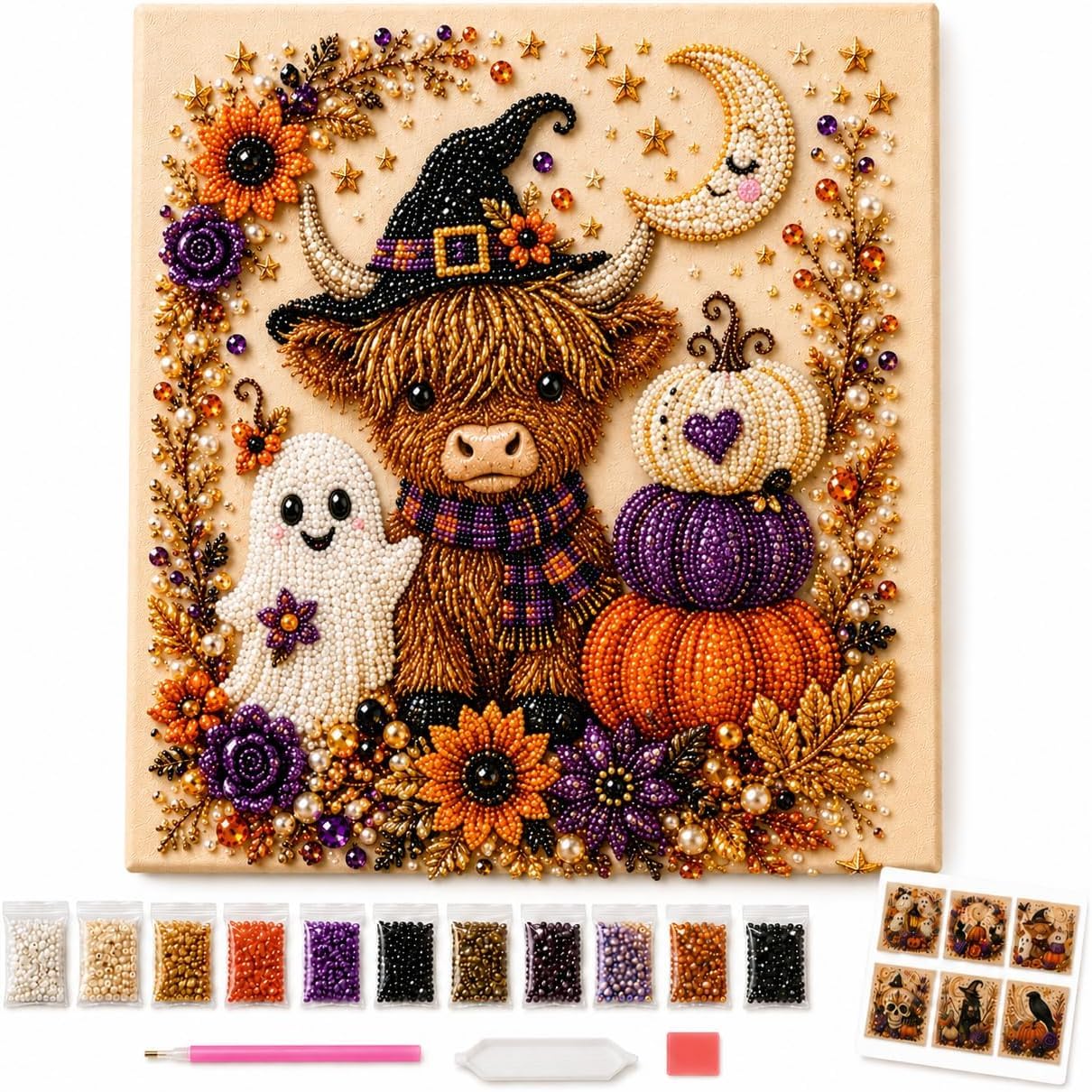 Halloween Diamond Art Painting Kits for Adults,Halloween Ghost Highland Cow Pearl Art DIY Kit,Spooky Cute 3D Diamond Painting Crafts,DIY Fall Home Decor,Beginner DIY Seasonal Party Decor