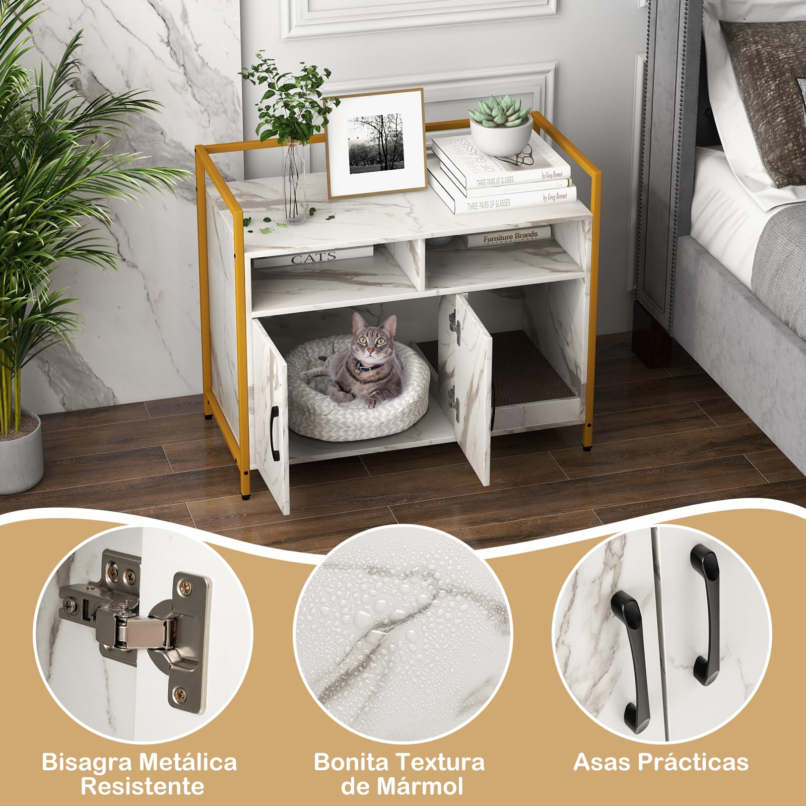 GOPLUS Mueble Arenero para Gatos, Caja de Arena para Gato con Estructura de Metal, Aseo Cerrado con Estantes, Casa de Mascotas Interior, Lavabo Oculto para Mascota, 89 x 45 x 74,5 cm (Mármol)