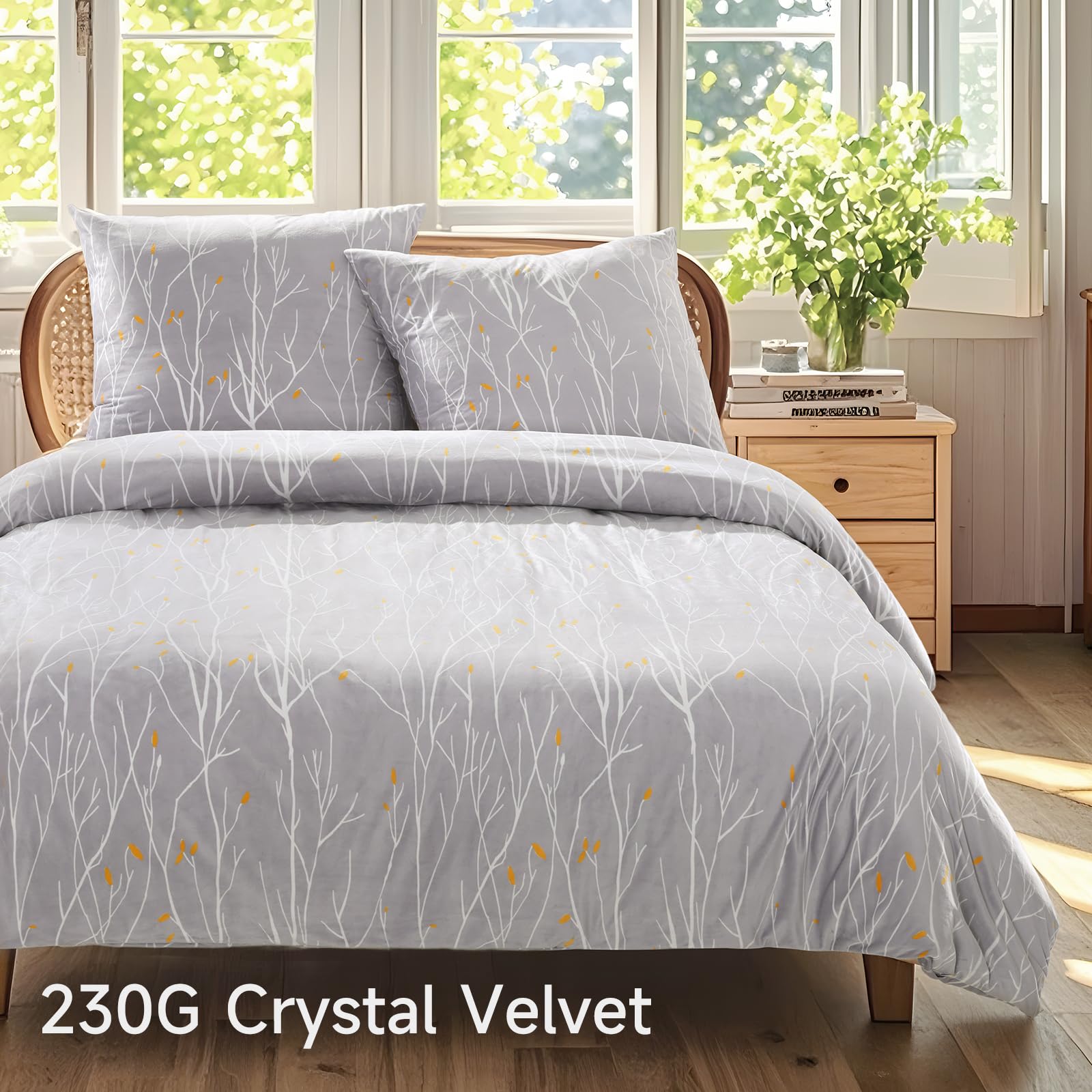 PanxHome Set Copripiumino in Velluto Cristallo 155x220 cm, Design Rami Grigi, Caldo e Morbido, Senza Pieghe, Lavabile in Lavatrice, Set Invernale per Letti Singoli e Doppi (1 Copripiumino, 2 Federe)