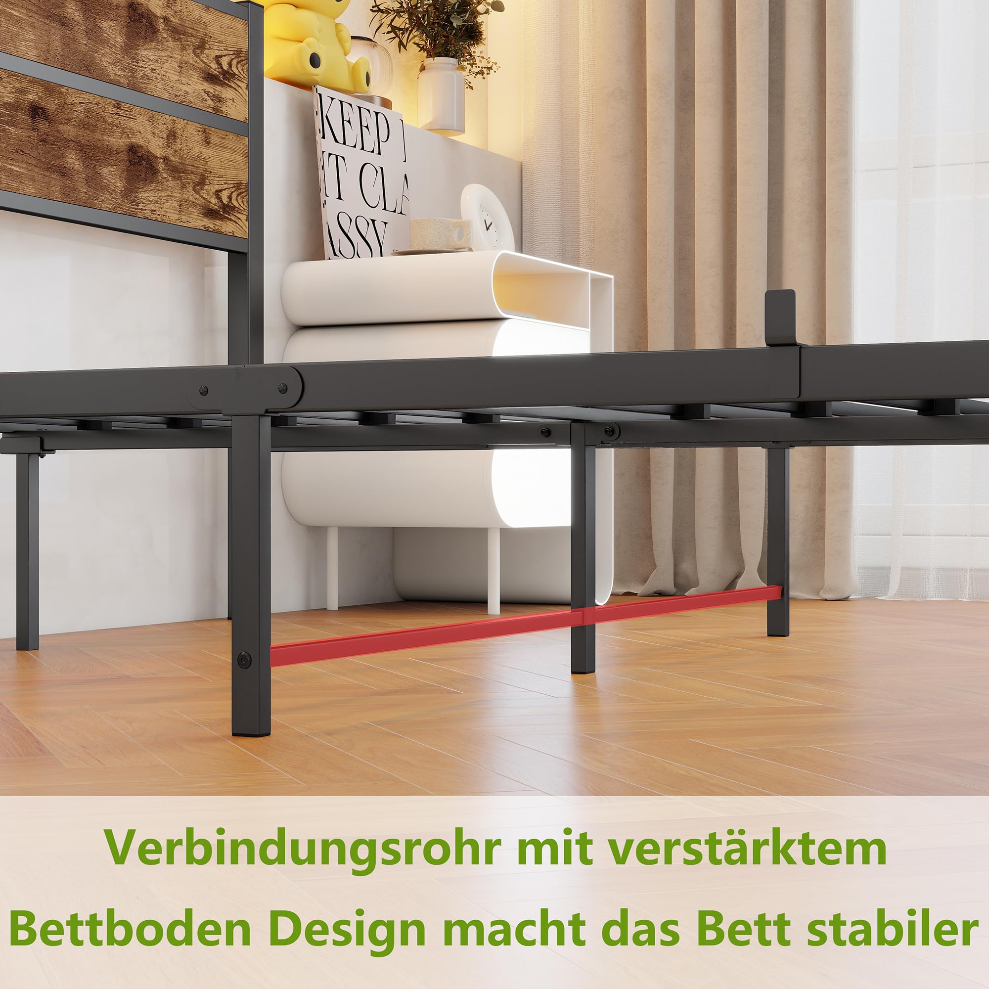 Bett 140x200 mit Metal Lattenrost,Bettgestell Metallbett 140x200 cm mit Holzkopfteil,Einfacher Aufbau Doppelbett Gästebett Jugendbett,Unterbett Stauraum