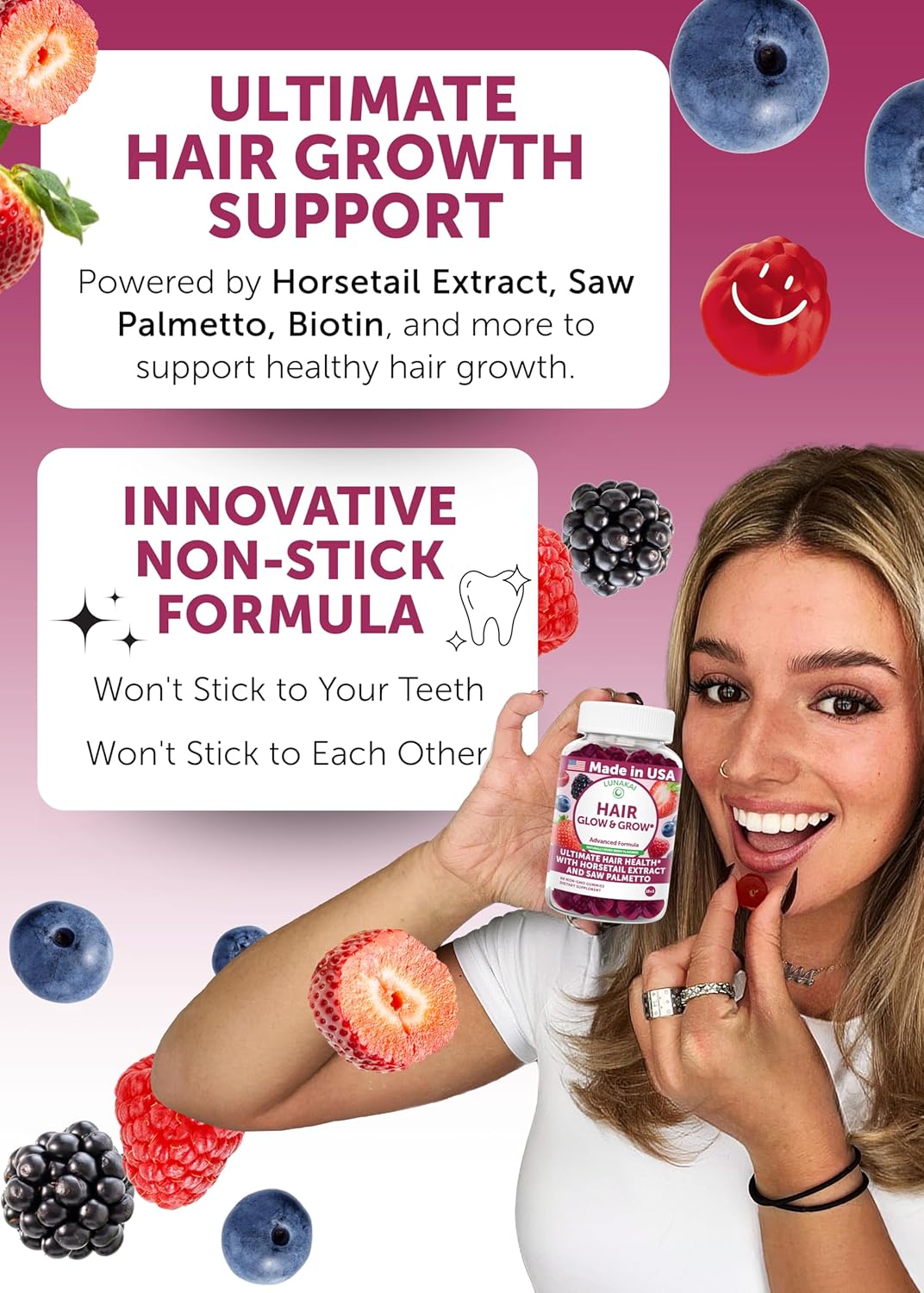 Lunakai USA Made Super Hair Gummies with Biotin, Zinc, Horsetail Extract & Saw Palmetto - Hair Growth Vitamins for Women & Men – Supports Thicker, Longer, Stronger Tresses, Skin & Nails, 60ct - Image 3