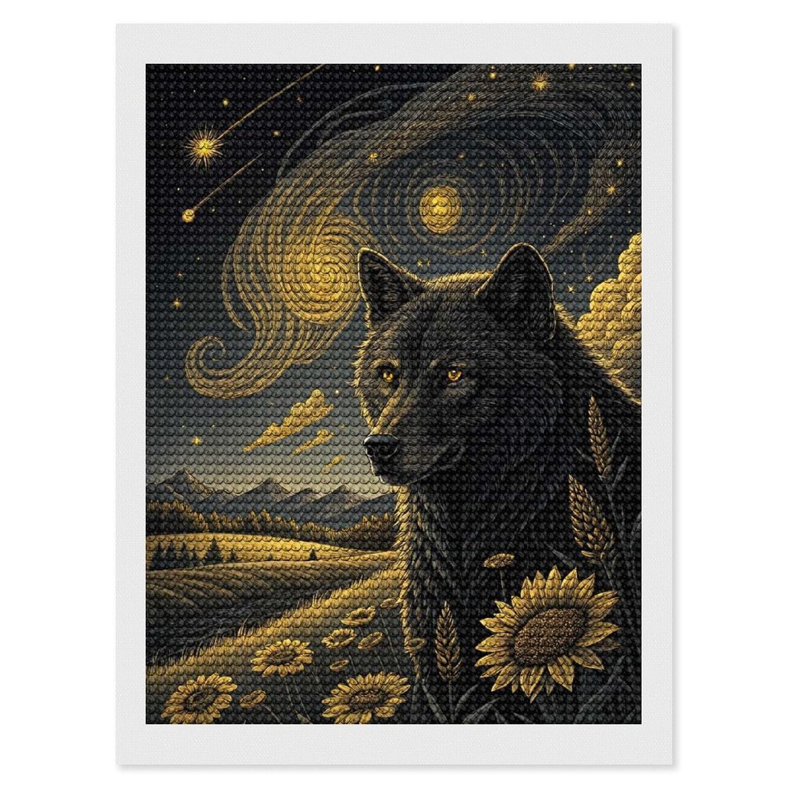 Junmoney Wolf Under A Starry Sky Diamond Art Canvas 12"x16", Easy Handmade Project, Complete Accessories, Bedroom Decor, Birthday Gift