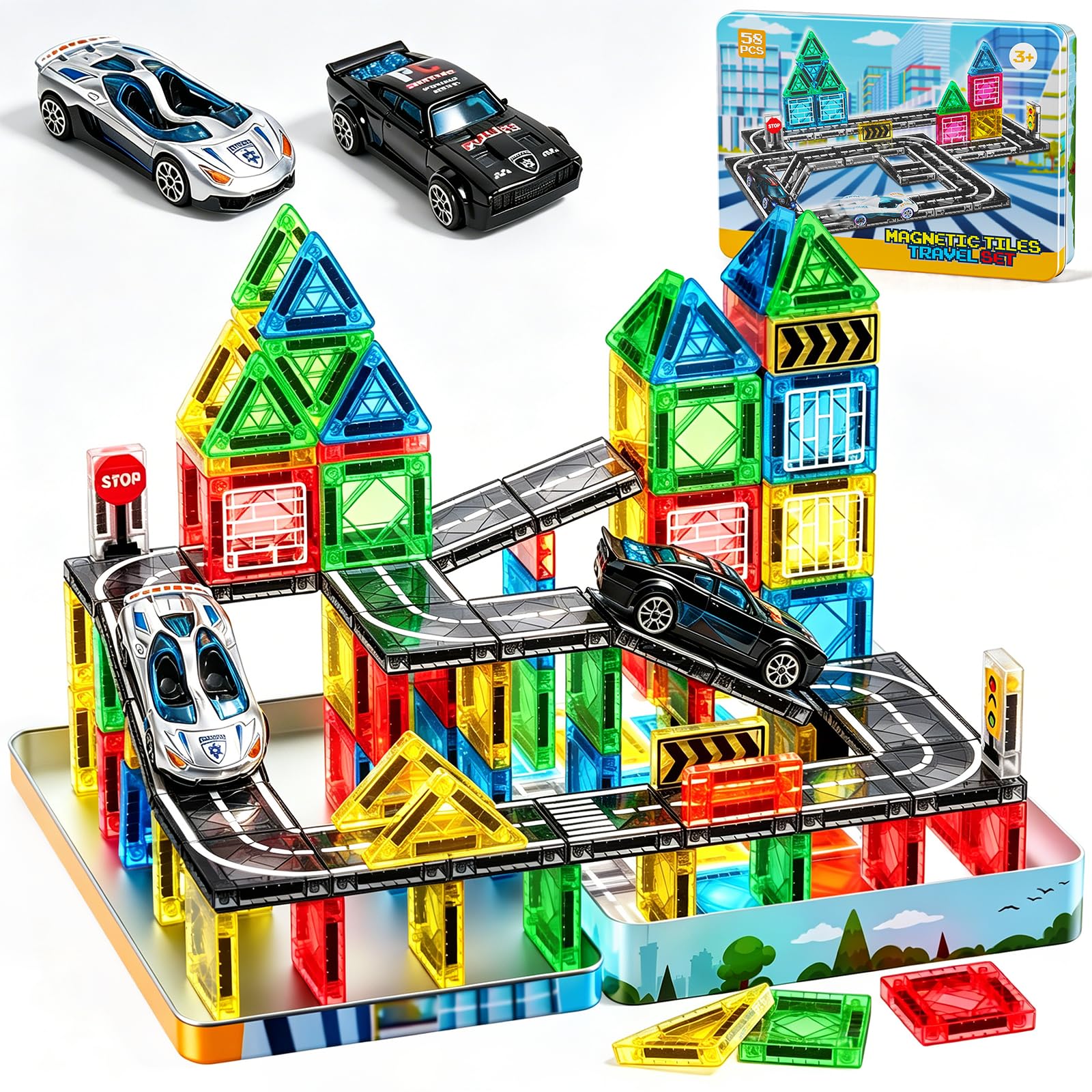 iKidiki Costruzioni Magnetiche per Bambini, 58 Pezzi Include due auto Giochi Bambini Bambina 3 4 5 6 Anni Viaggio Giocattoli Regalo Bambino 3 4 5 6 Anni