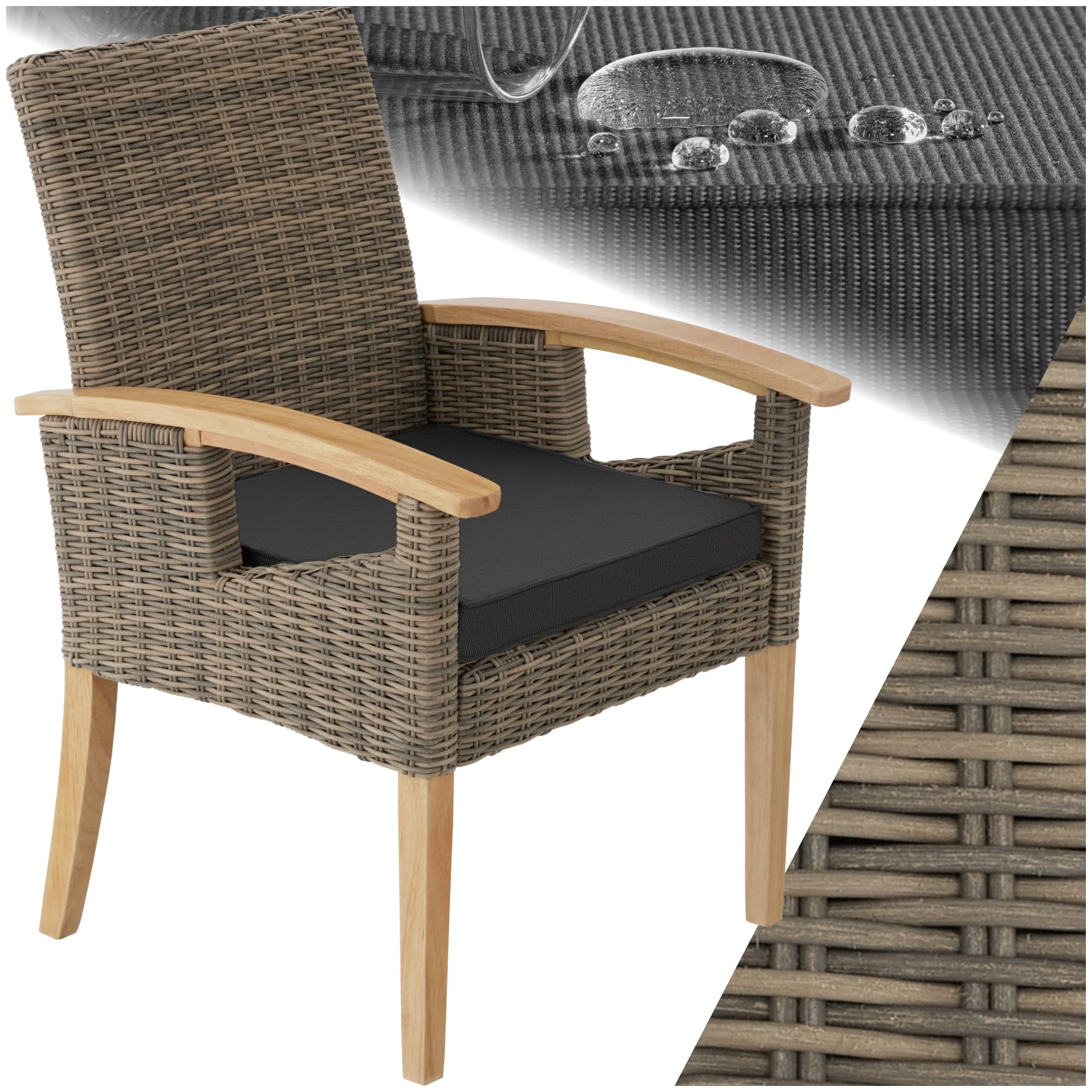 tectake® Silla de Ratán con Patas y Reposabrazos en Madera, Muebles Jardín Exterior Resistentes a la Intemperie, Silla para Conjunto Jardín Exterior, Cojín Lavable y Extraíble, Fácil Montaje - natural