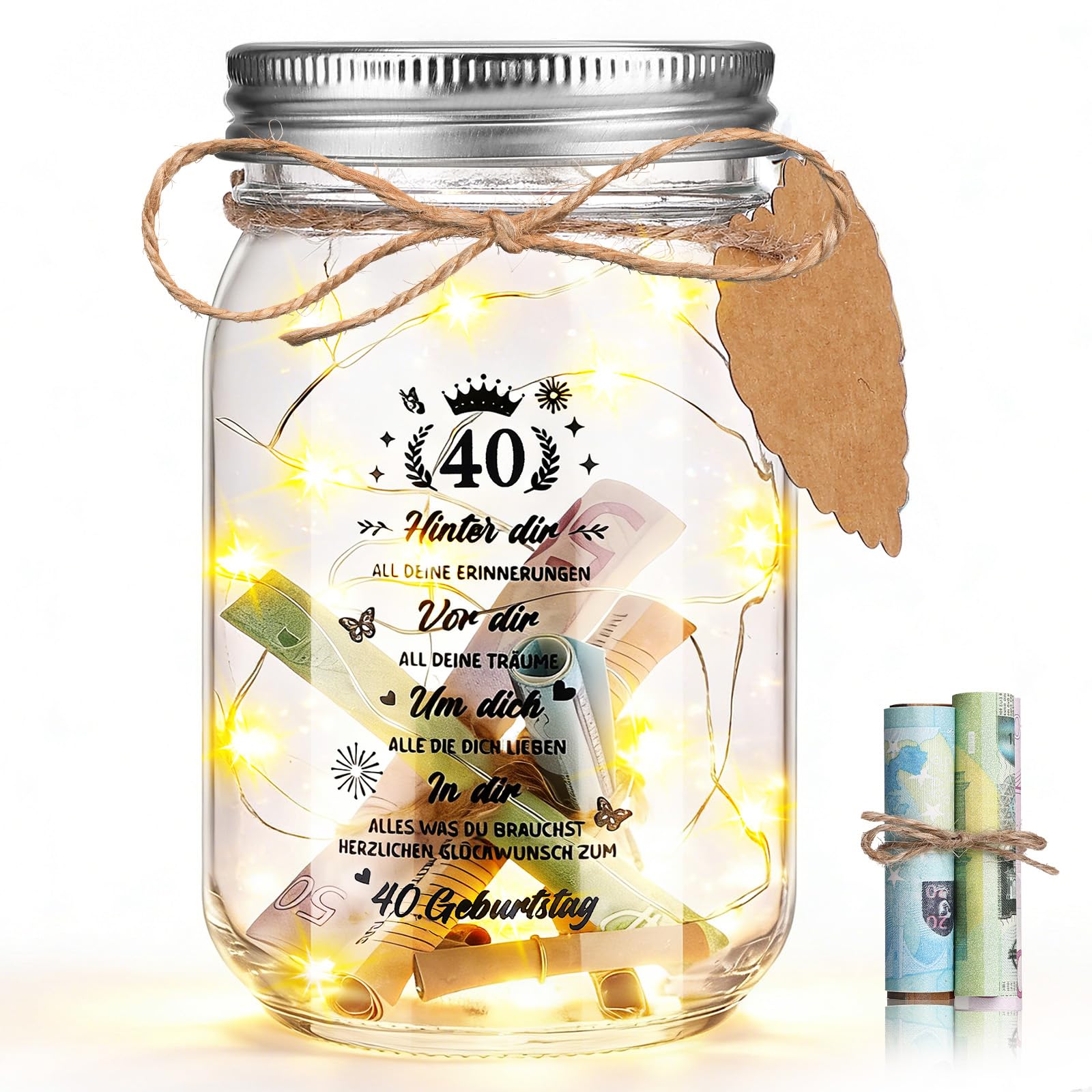 WGIDSKKI 40 Geburtstag Mädchen Junge, Geschenke zum 40 Geburtstag Mädchen Junge, LED Flaschenlicht Geldgeschenke Geburtstag 40, für Freunde, Geliebte, Familie, Geschenkideen zum 40 Jahrestag