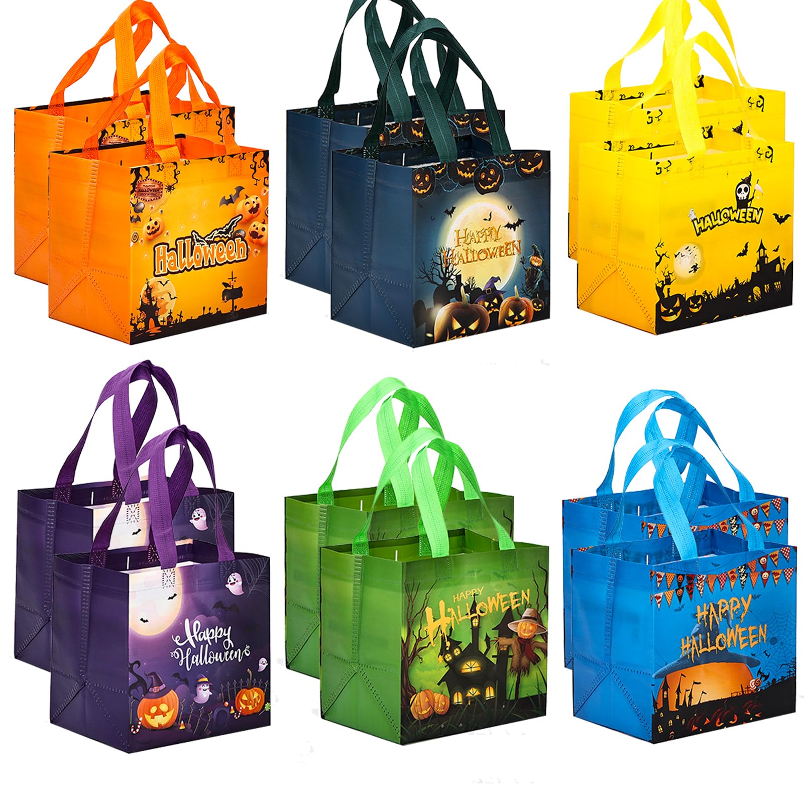12PCS Halloween Bags, Trick or Treat Gifts Bags with Handles, Multifunctional Non-Woven Goodie Bags for Gifts Wrapping, Halloween Party Supplies 21 x 20 x 15cm