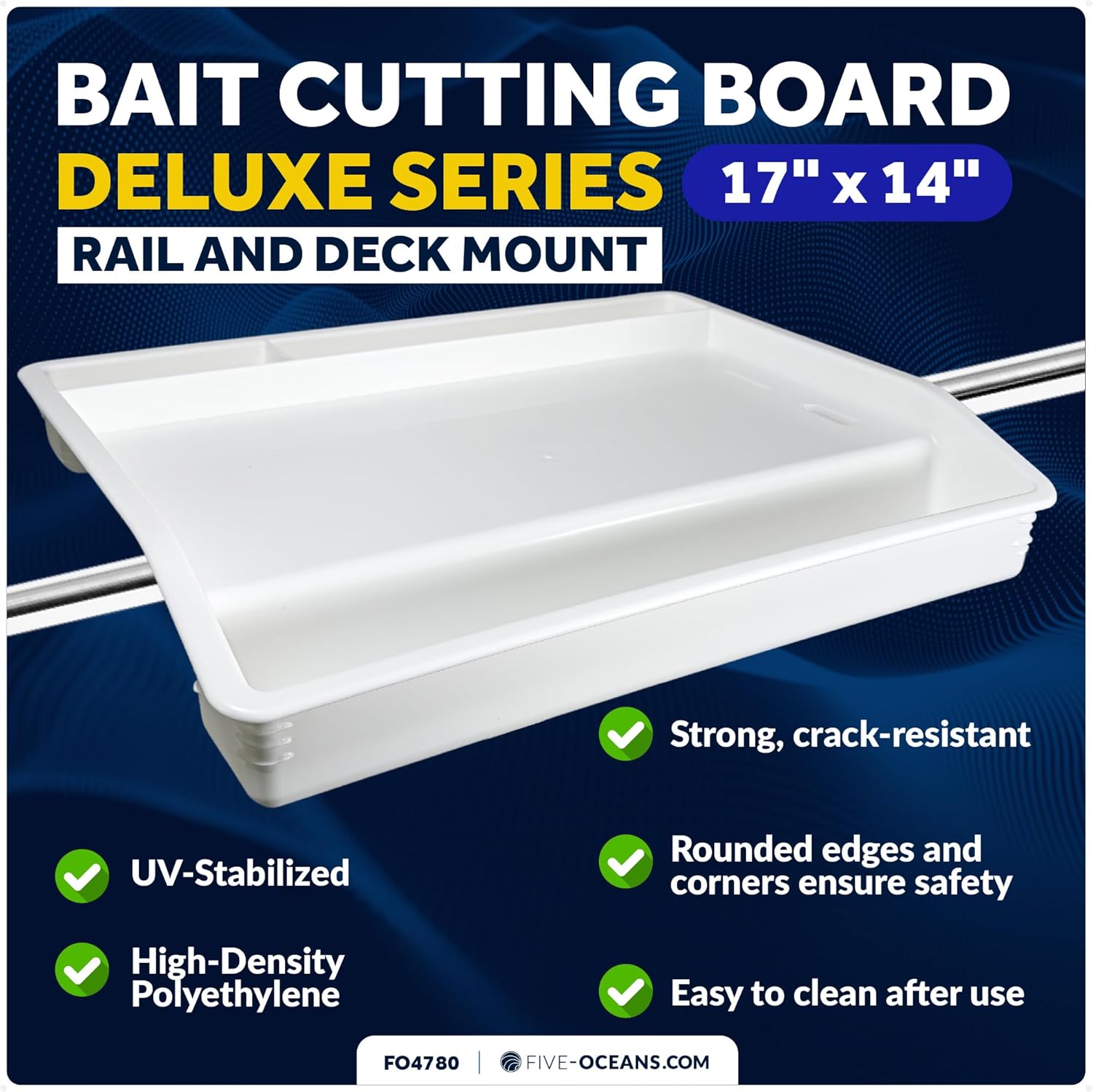 Five Oceans Boat Cutting Board, 17"x14", Bait Cutting Board for Boat with Slide Lock Deck & Rail Mount, Knife & Pliers Holder, 3 Deep Trays & Draining Hole - FO4780