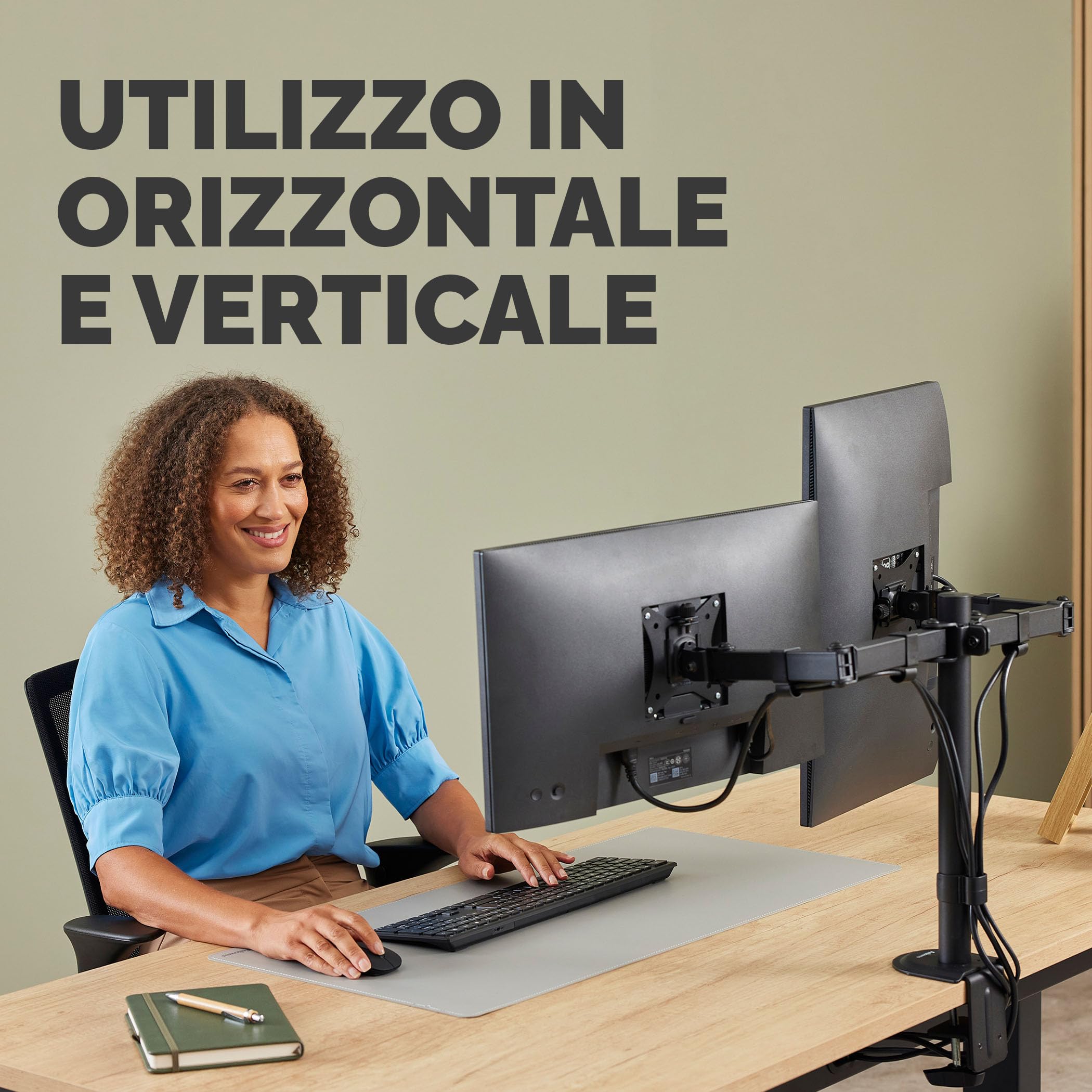 Fellowes Braccio Monitor Doppio Everyday – Supporta 2 schermi 17"-32" (2-9 kg ciascuno), regolabile in altezza, inclinazione e rotazione, VESA 75/100, a morsetto o foro passante - Nero