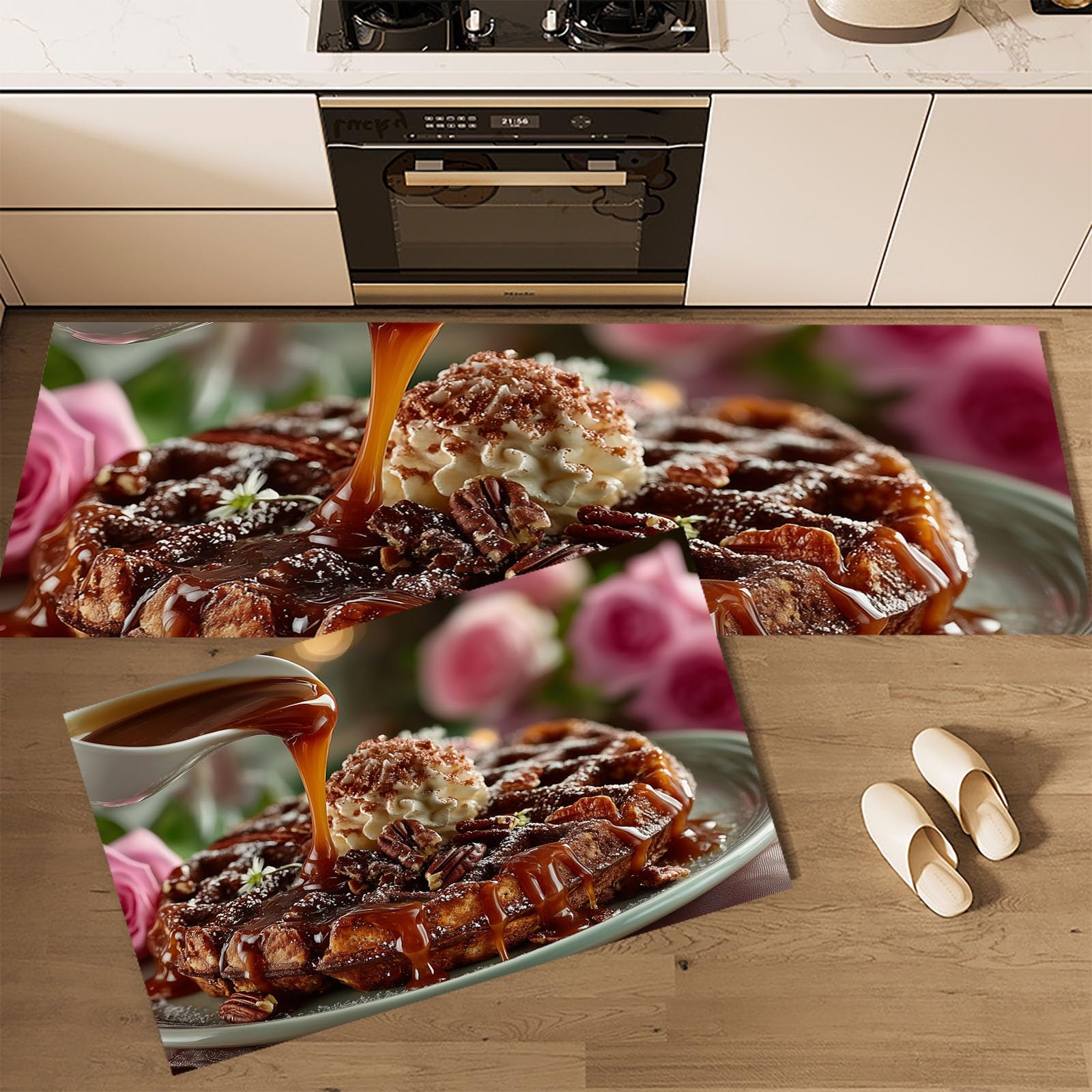 Lot de 2 tapis cuisine antidérapant lavable gaufre au caramel pour porte entrée et couloir
