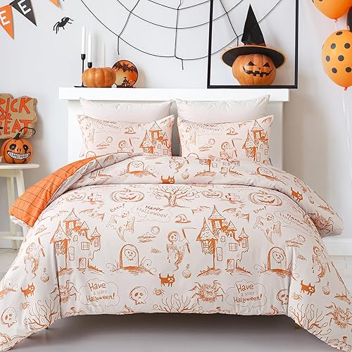 Miniatura 10 de Xruibed Juego de funda de edredón de Halloween, tamaño Queen, calabaza, murciélago, naranja, juego de funda de edredón de 3 piezas, funda de edredón