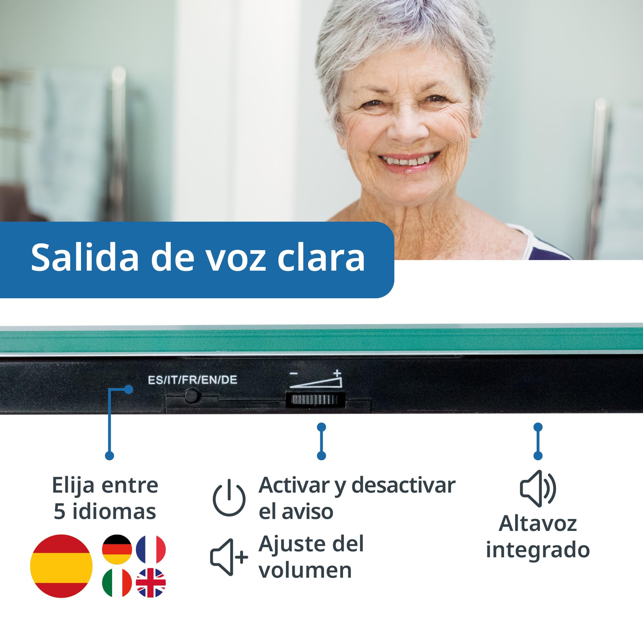 ADE Báscula personal parlante digital | salida de voz en 5 idiomas | ideal para invidentes, discapacitados visuales y personas mayores | pantalla muy grande | capacidad de carga muy alta de 250 kg