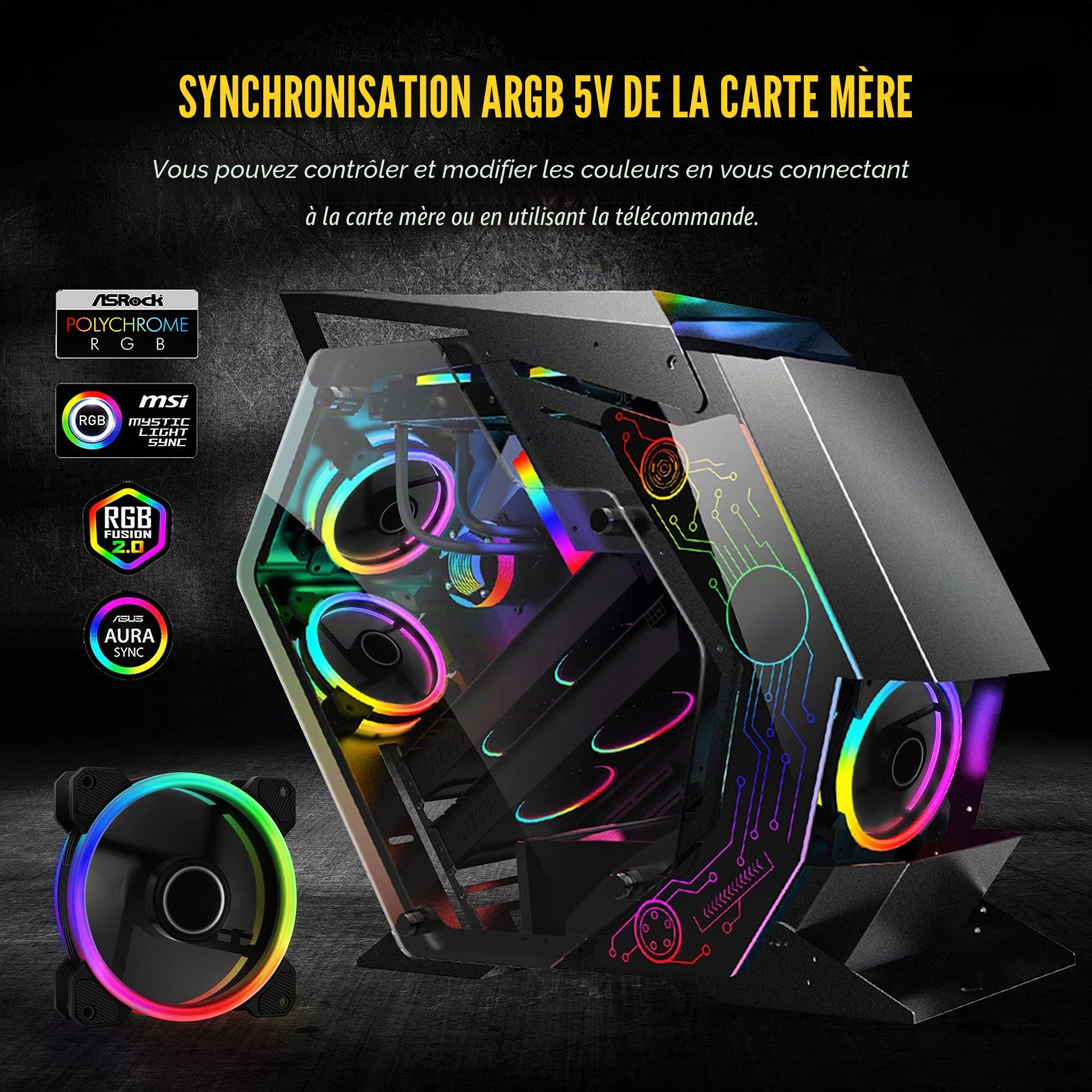 EZDIY-FAB Ventilateurs à Double Anneau RGB 120mm,5V Sync Carte Mère,Vitesse Réglable,Ventilateur RGB Sync avec Moyeu de Ventilateur X et Remote-5 Pack