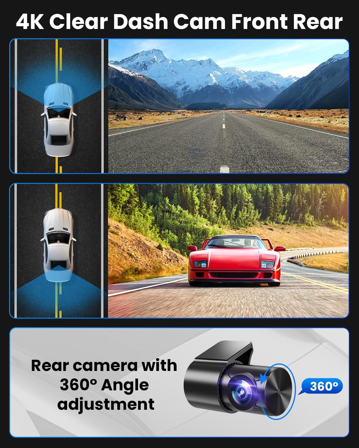 Oryzom Dashcam 4K Pro – Enregistrement Ultra HD avec caméras Avant/arrière, Vision Nocturne et Surveillance 24h/24(Chargeur de Voiture Standard 4k + 1080P + Allume-Cigare)