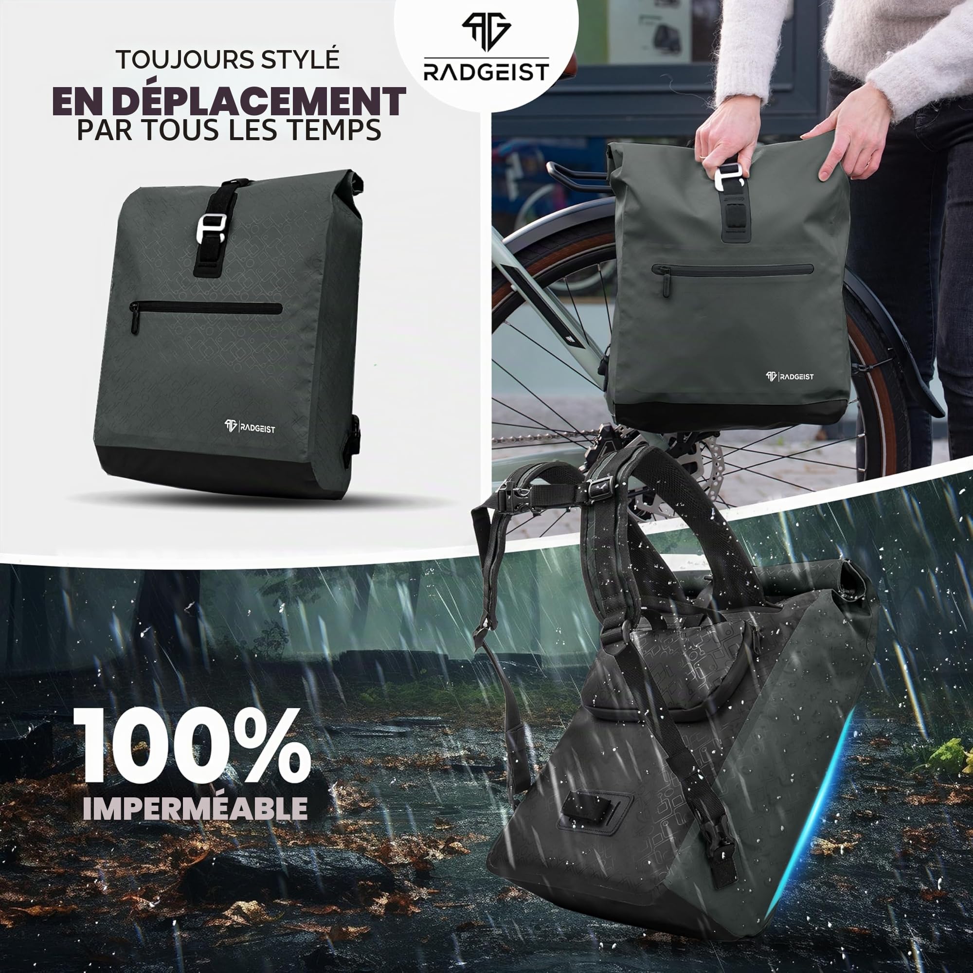 RADGEIST Sacoche de vélo pour porte-bagages - Sac à dos et sac à dos - Pour homme et femme - Sac à bandoulière et sac à bagages pour vélo - 20 l - Anthracite
