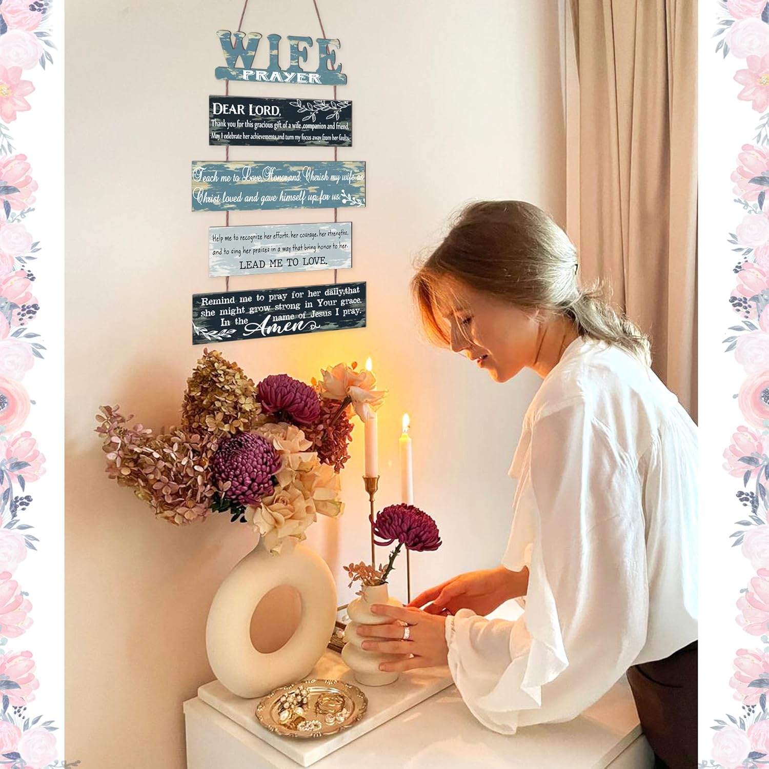 Prayer for Wife Rustic Wall Sign with 5pcs Panels Strung Together - Christian Religious Farmhouse Hallway Family Decor - Sweet Warming Gifts for Women,Couples