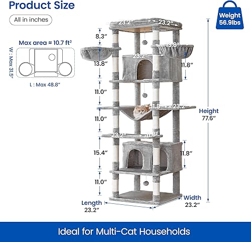 Miniatura 6 de MWPO Árbol para gatos extra grande, torre para gatos de interior de 77.6 pulgadas de alto con 2 condominios, soporte de gato de varios niveles para