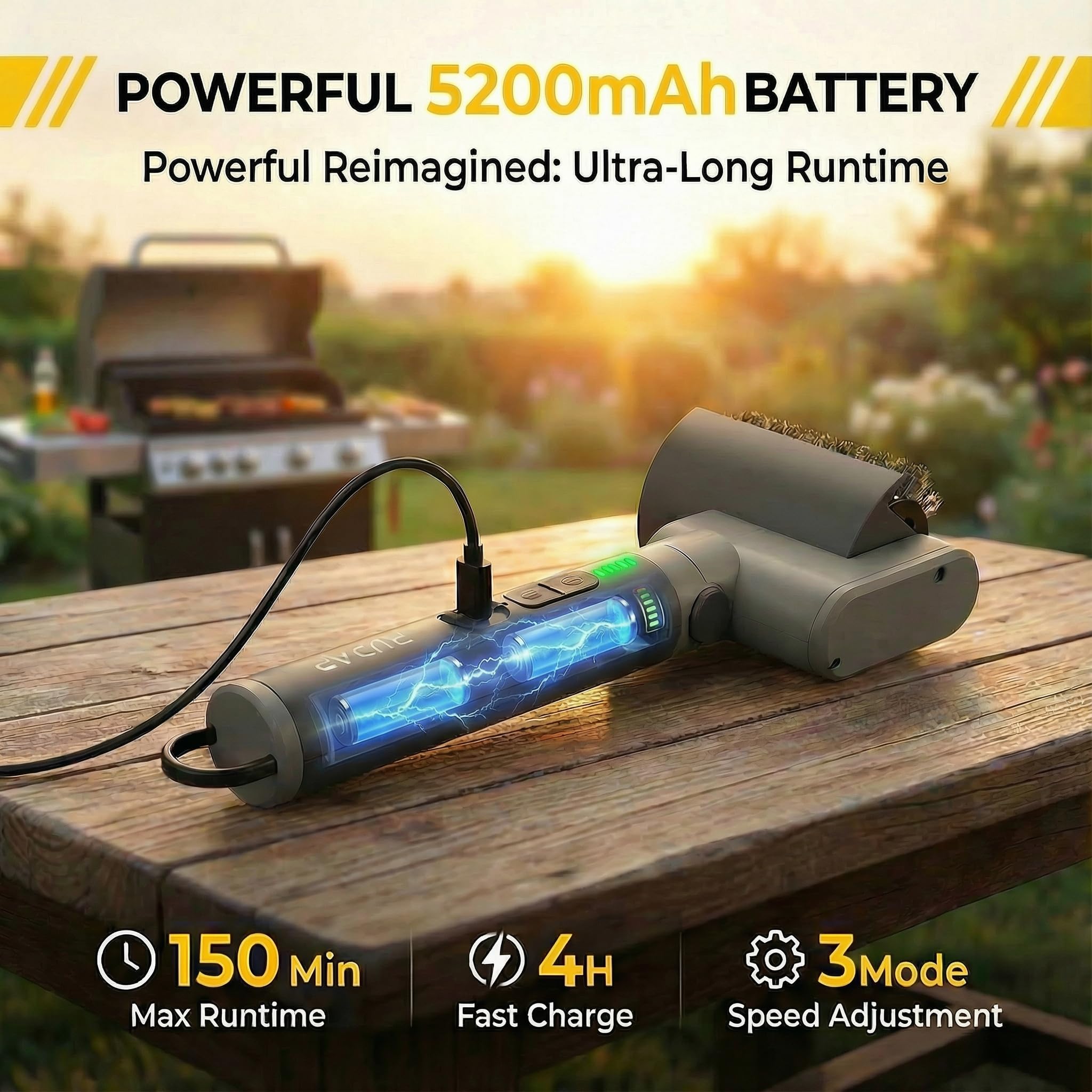 Cepillo eléctrico para parrilla, limpiador de parrilla recargable inalámbrico, cepillo de limpieza de barbacoa de 58 W con batería de 5200 mAh, 150 minutos de tiempo de funcionamiento, 3 velocidades