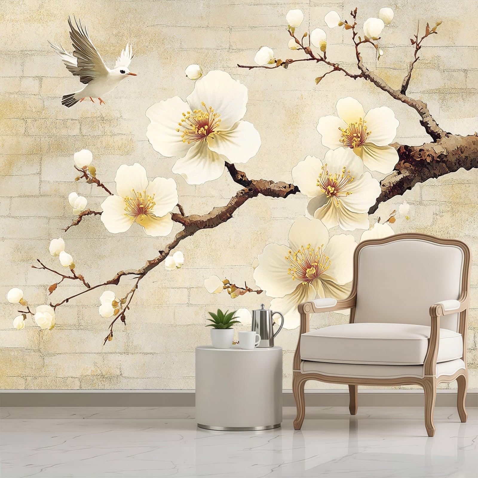 Carta da Parati Fiori astratti su muro di mattoni300 x 210 cm Fotomurale TNT Beige chiaro Decorazione Parete Moderna per Soggiorno Camera da Letto