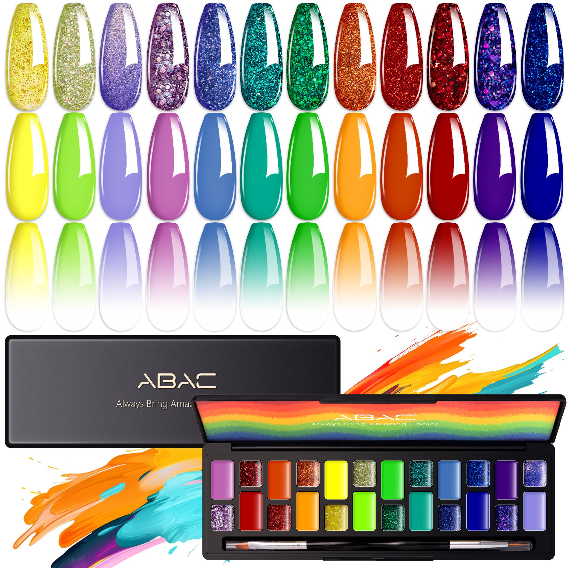 ABAC 24 Color Solid Gel Nail Polish,Ombre Gel Nail Polish,Pat Paint Nail Gel - Rainbow Shades Yellow/Ocean Blue Hema-Free w/Brush,LED Curing for
