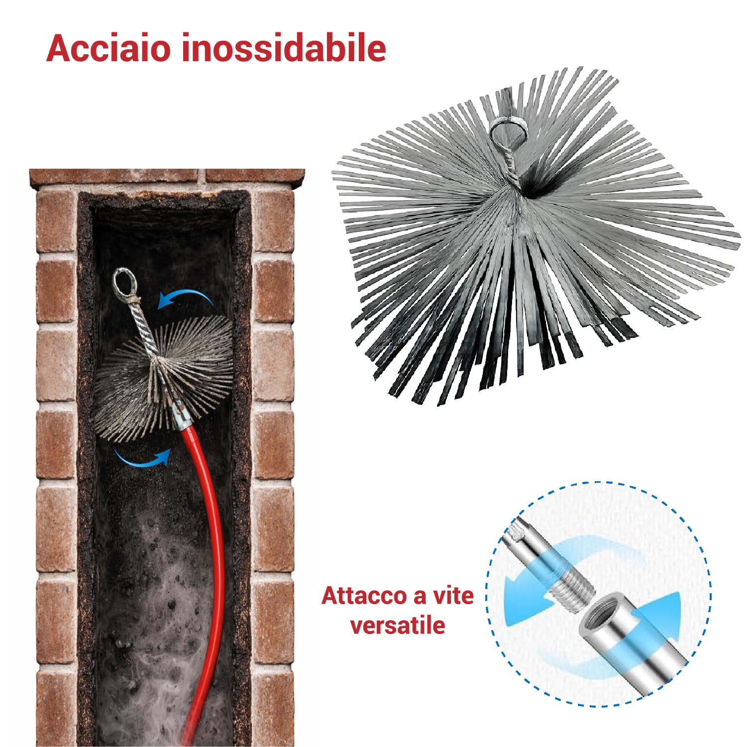 Crisalide Escobilla para chimeneas y estufas de acero inoxidable – 20/25/30 cm – Kit con 6, 12 o 18 barras de 100 cm – Cepillo deshollinador con conexión de tornillo universal flexible (25 x 25 cm, 6