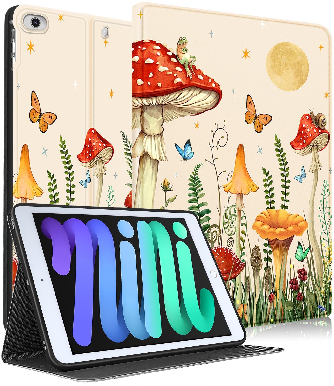 Uppuppy for Apple iPad Mini 5/4/3/2/1 Case, for iPad Mini 5th/4th/3rd/2nd/1st Generation Case Kids Cute Folio Women Kawaii Girls Pretty Girly Mushroom