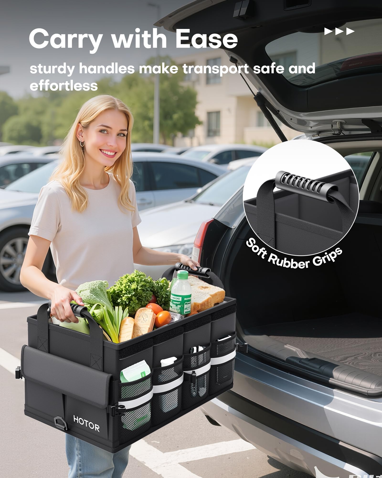 HOTOR Car Trunk Organizer - Foldable Trunk Organizer for SUV, Car Storage with Reflective Strips & Securing Cover, Large Capacity Car Accessories for Truck, Van & Sedan, Black, 22.1" x 12.6" x 11.0"
