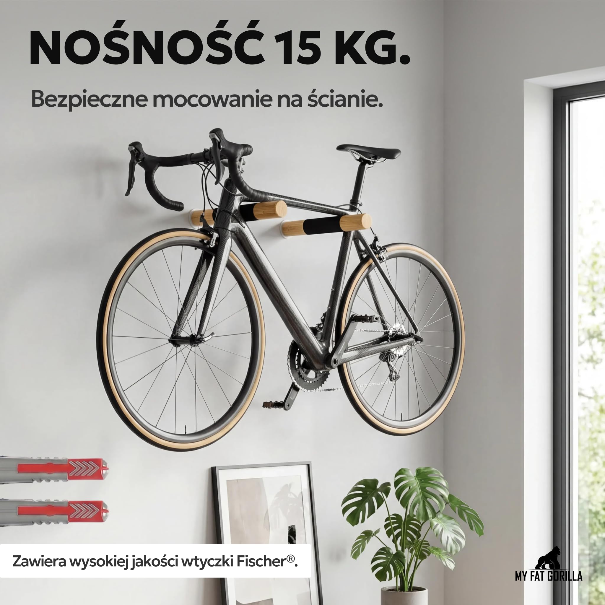 Wieszak Rowerowy z Półką na Kask - Uchwyt Ścienny na Rower Bambus | BAM BOO BOX Uchwyt Ścienny na Rower z Półką na Kask – Miękka Ochrona Ramy Przed Zarysowaniami, udźwig do 15 kg