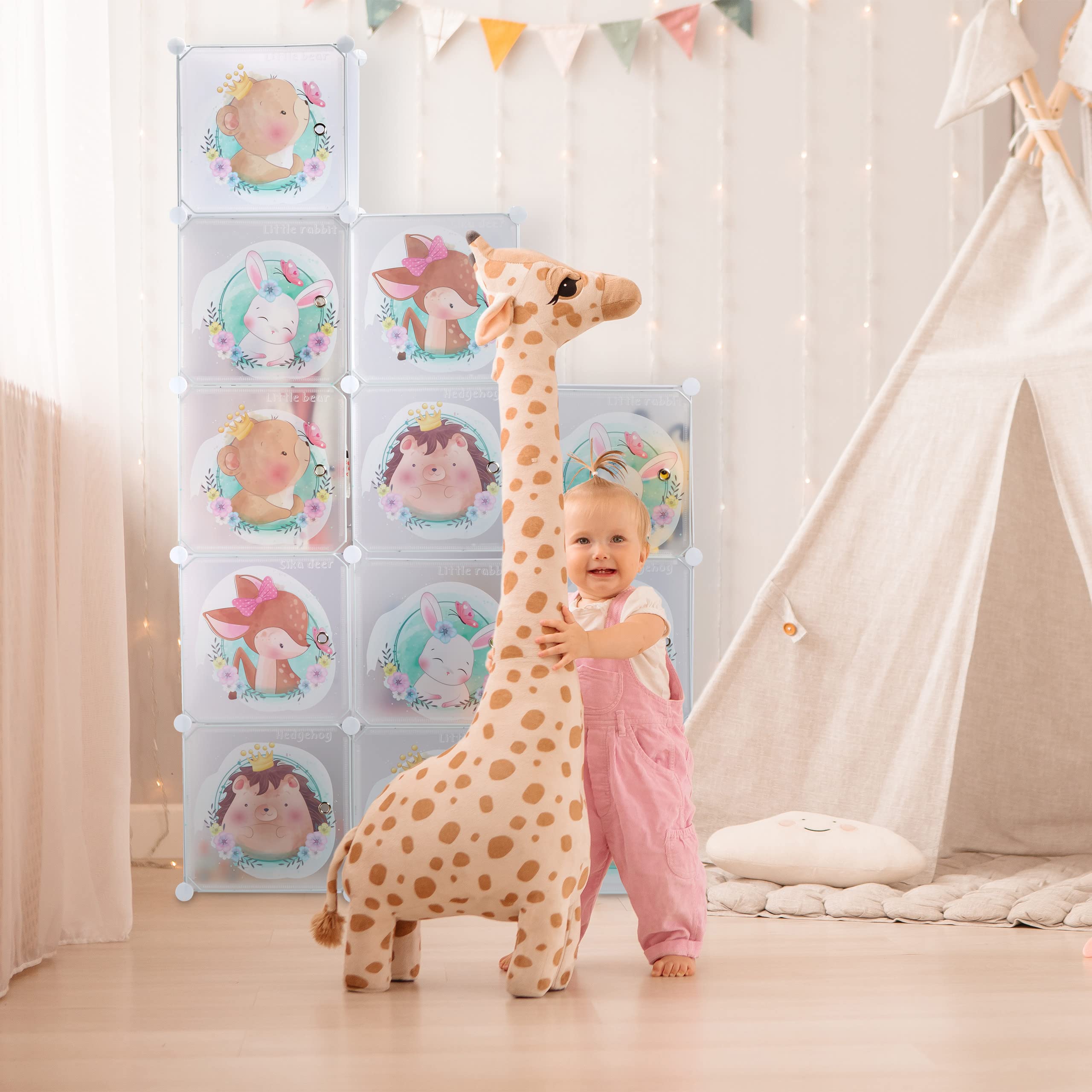 Relaxdays Steckregal Kinder, 2 Kleiderstangen, Türen mit Tierkindern, HBT: 145x110x37 cm, DIY Kinderkleiderschrank, weiß