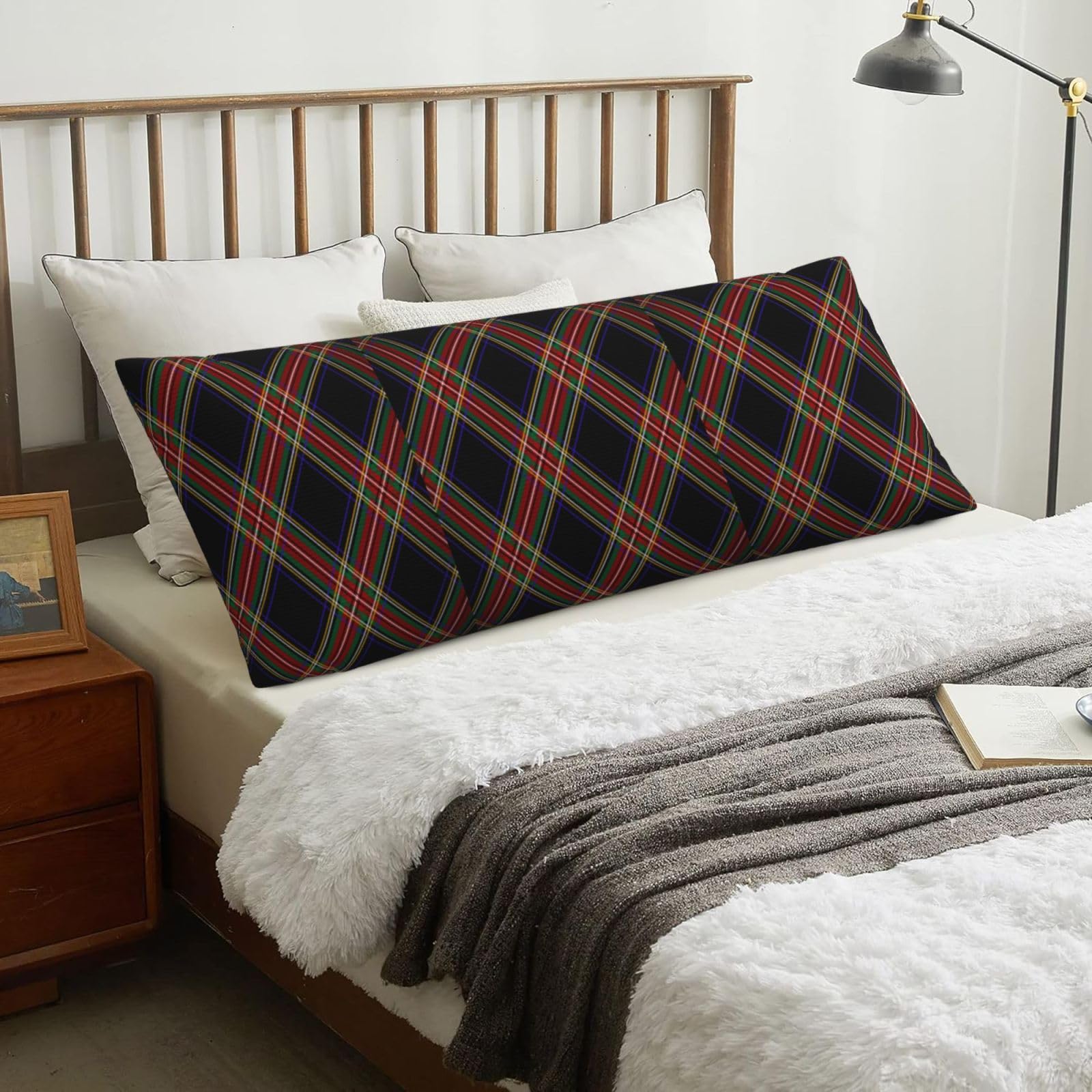 Modern Black Stewart Tartan, Body Pillow Cover with Zipper,Long Body Pillowcase 20 x 60 in