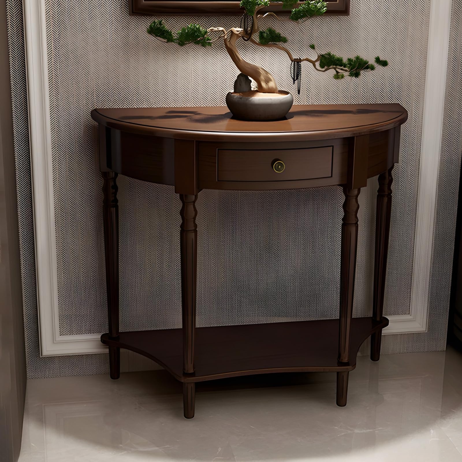 ORNDSDM Solid Wood Half Moon Console Table with Drawer – Entryway Accent Table with Storage for Living Room、Foyer、Bedroom or Hallway, Black Walnut