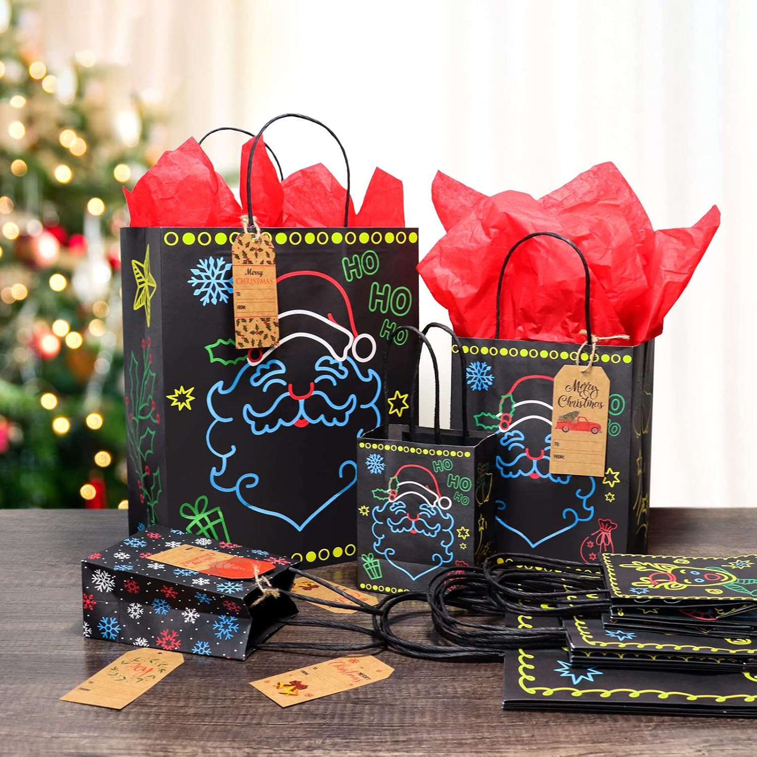 Giiffu 18-Pack Christmas Glow in the Dark Gift Bags Set with 18 Red Wrapping Papers & Gift Tags, Holiday Present Wrapping Supplies in 3 Sizes (Small/Medium/Large) - 6 Styles